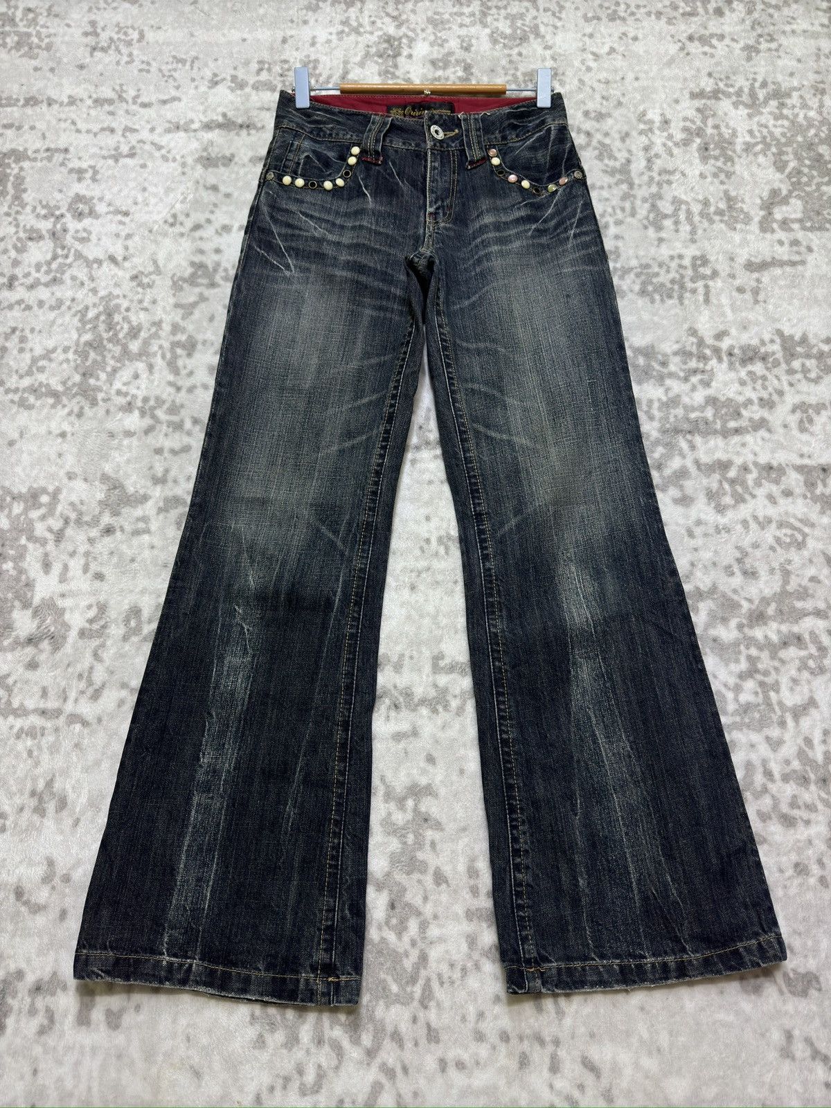 Hysteric Glamour Flare Oririn Studded Wide Leg Jeans Claw Mark Whiskers Size US 27 - 1 Thumbnail