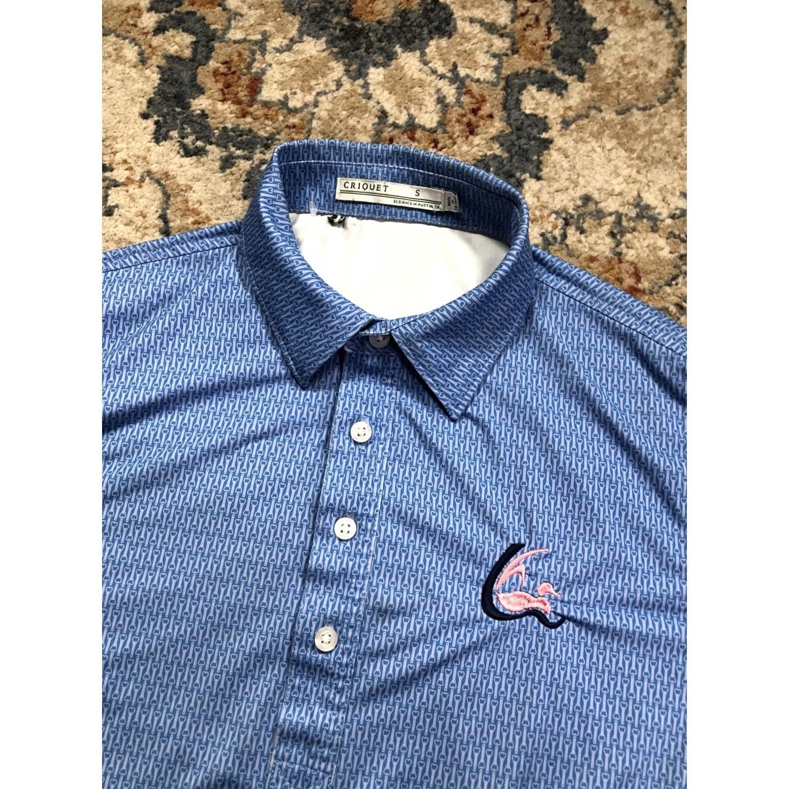Vintage Criquet Polo Shirt Mens S Blue Geometric All Over Print Performance Golf Tee Shirt Size US S / EU 44-46 / 1 - 7 Thumbnail