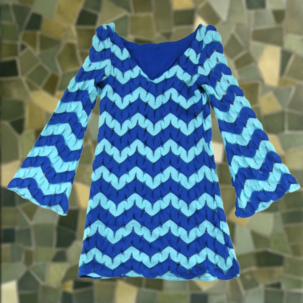 Vintage JUDITH MARCH Teal Blue Geometric Crochet Long Flare Sleeve Short Dress Small Size 28" / US 6 / IT 42 - 1 Thumbnail