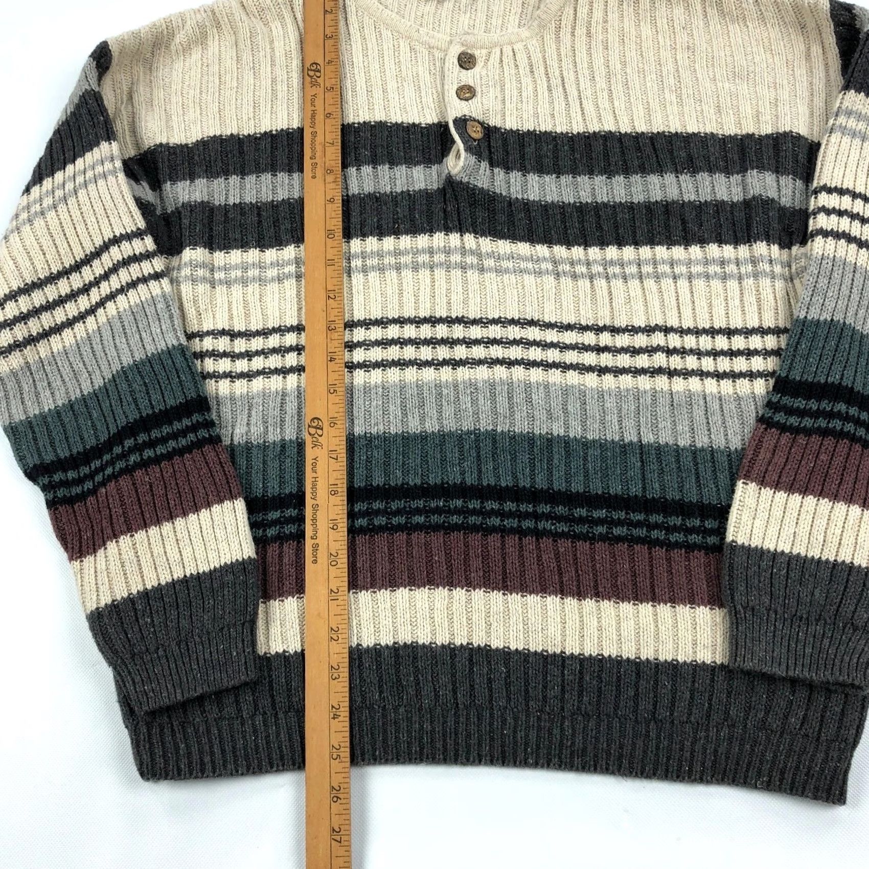 Vintage VINTAGE Michael Gerald Men's L Striped Ribbed Henley Sweater Beige Gray Burgundy Pullover Button-Up Knit Ramie Cotton Classic Outdoor Fall Winter Size US L / EU 52-54 / 3 - 7 Thumbnail