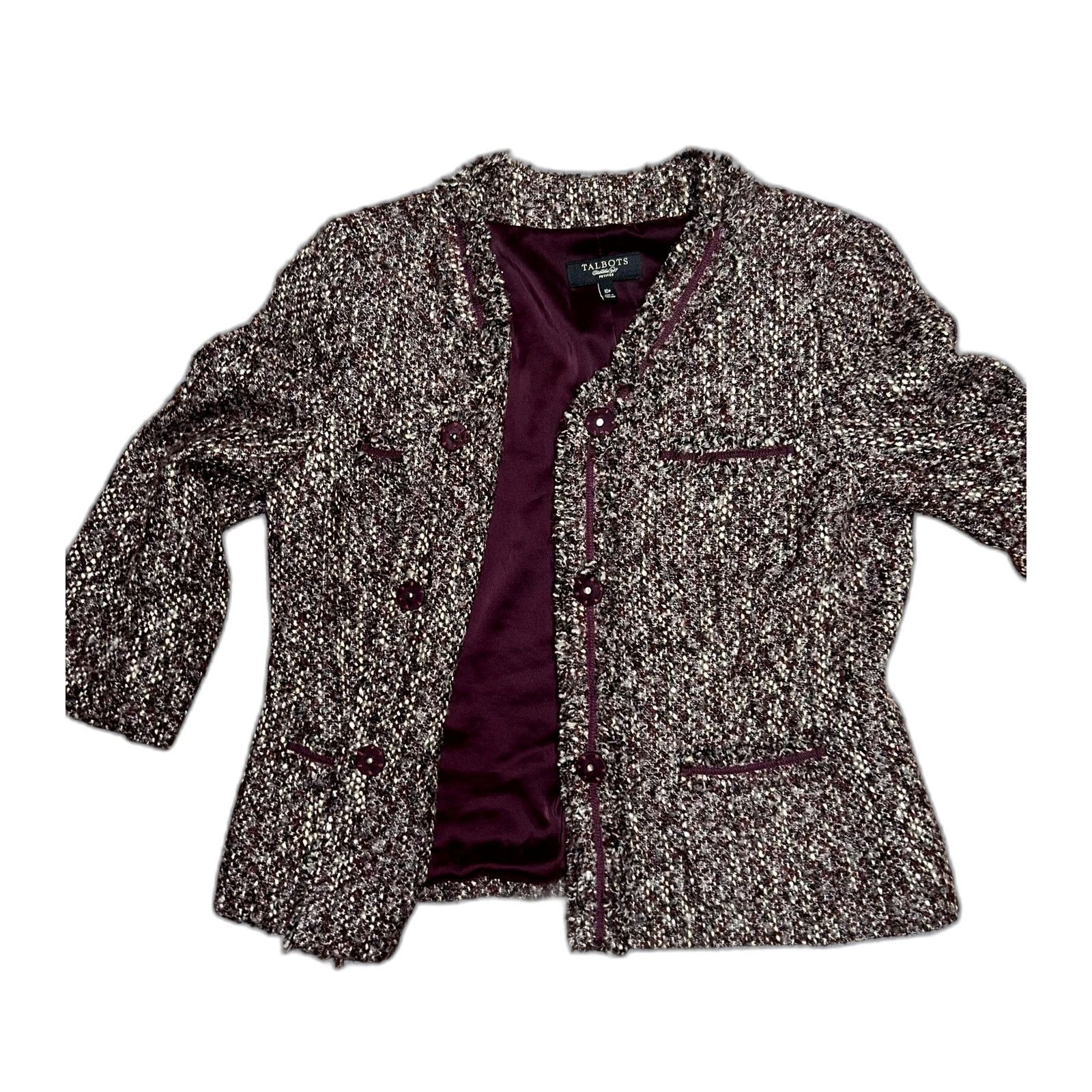 Vintage Talbots Petites Blazer Women 10p Maroon Tweed Boucle Knit Lo Size US XXS / EU 40 - 2 Thumbnail