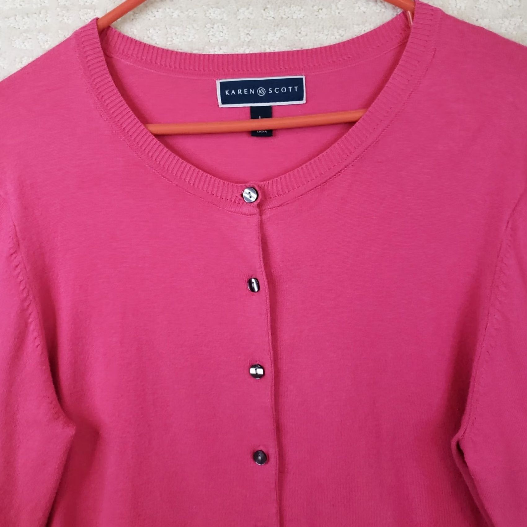 Vintage Karen Scott Women's L Cardigan Sweater Pink Cotton Blend Button Front Round Neck Long Sleeve Regular Fit Barbie Theme Casual Workwear Size L / US 10 / IT 46 - 3 Thumbnail