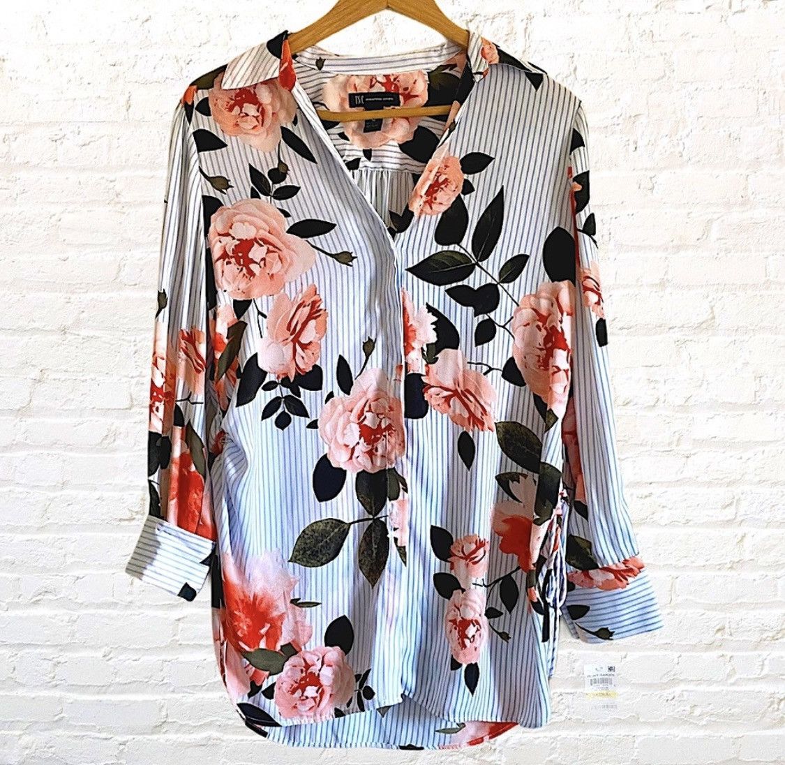 I.N.C INC INTERNATIONAL STRIPED FLORAL ADJUSTABLE SIDE SLIT BLOUSE Size M / US 6-8 / IT 42-44 - 1 Thumbnail