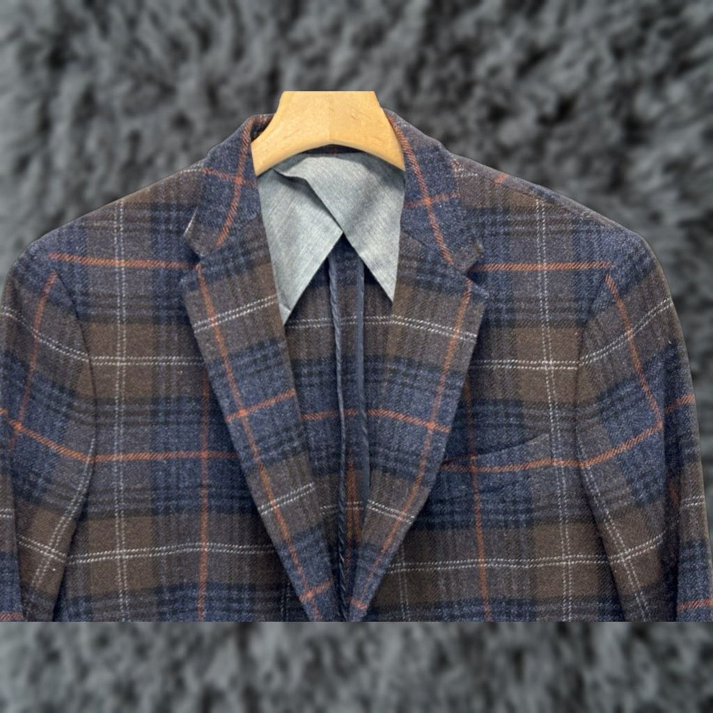 Gazzarrini Gazzarrini Blazer Sports Coat Wool Blend Plaid Brown Men 40R Two-Button Preppy Elbow Patches Italy Mens Size 40R - 1 Thumbnail