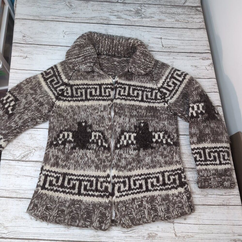Other Cowichan-Style Wool Zip Sweater Brown Cream Moose Pattern – Size ONE SIZE - 1 Thumbnail