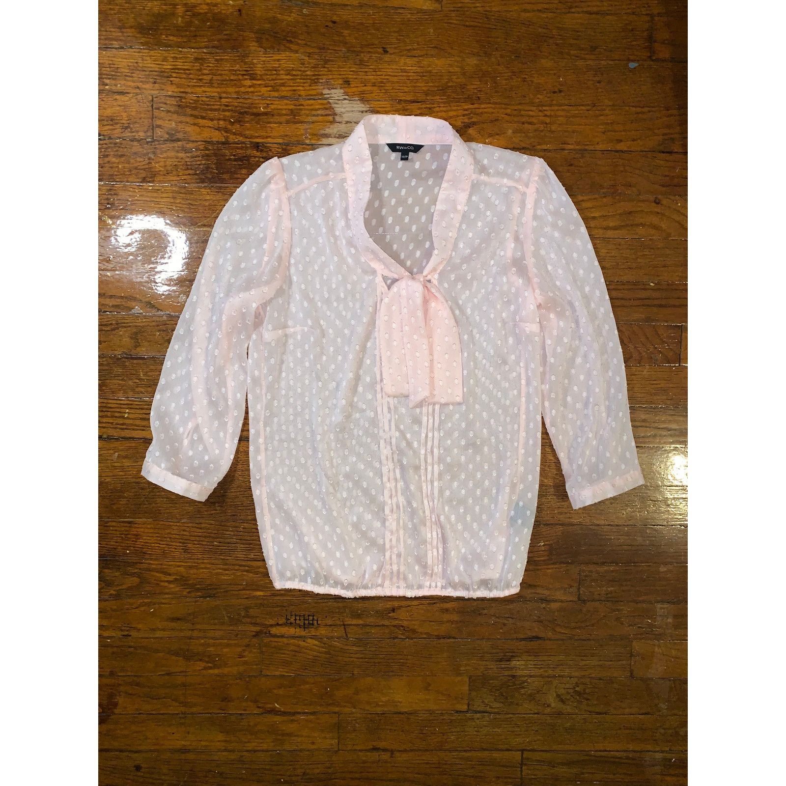 Other RW&CO Sheer Pink Swiss Dot Blouse XS Tie Neck See Through Size XS / US 0-2 / IT 36-38 - 4 Thumbnail