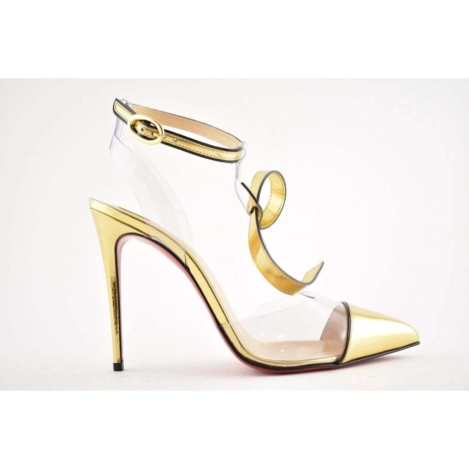 Christian Louboutin Alta Firma 100 Gold PVC T Strap Ankle Heel Sandal Pump 35 Size US 5 / IT 35 - 2 Thumbnail