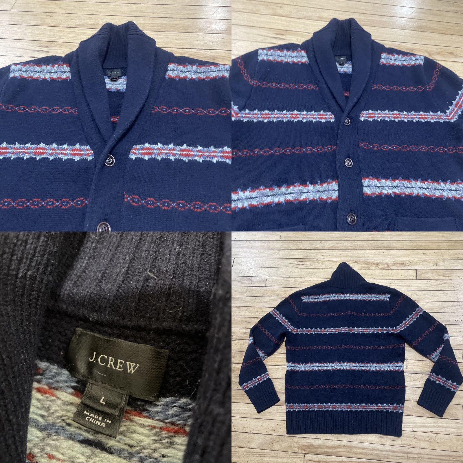 J.Crew J.CREW Shawl Cardigan 100% Lambs Wool Heavy Sweater Blue Red Mens L Fairisle Wool Cardigan Size US L / EU 52-54 / 3 - 11 Thumbnail
