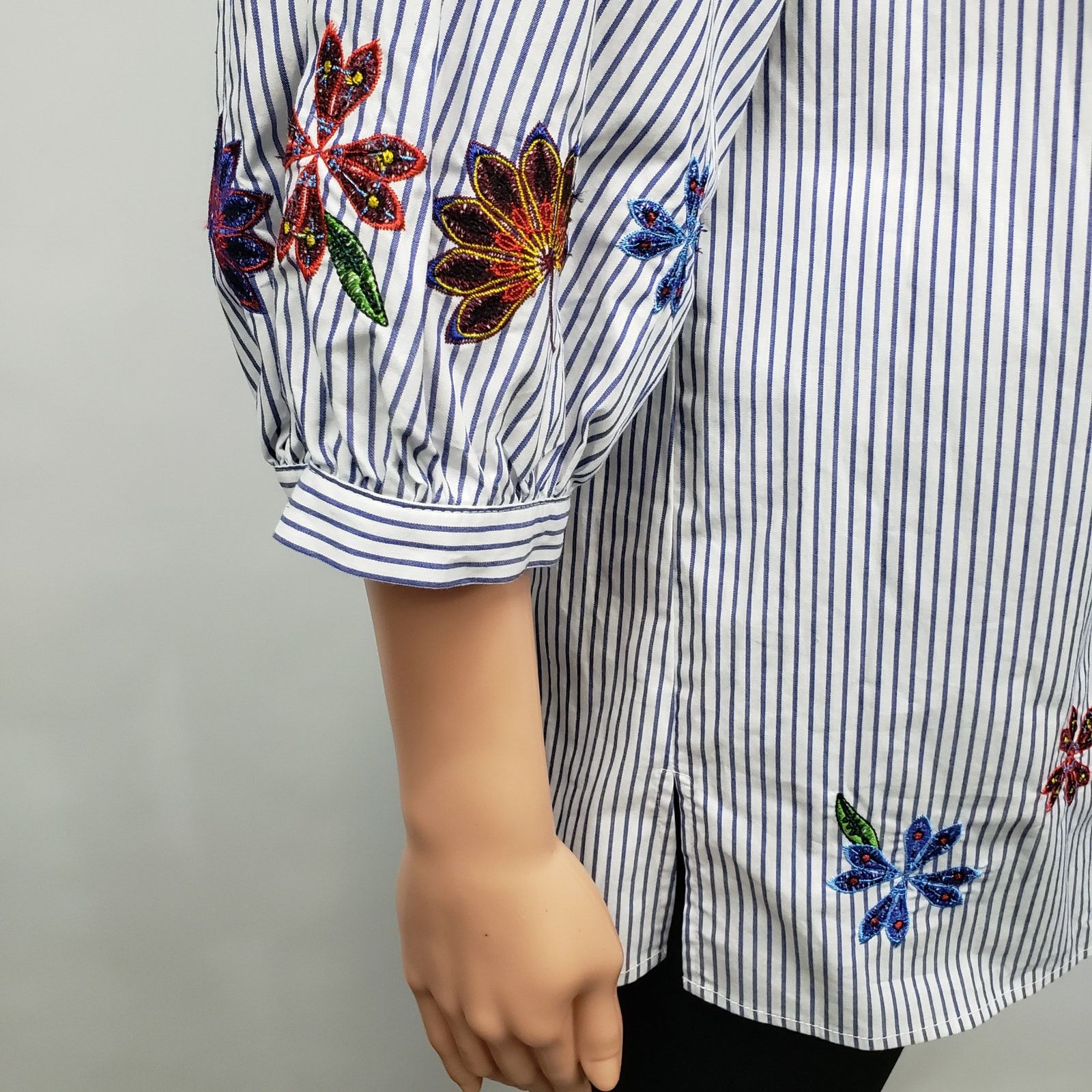 Nordstrom Eloquii Blouse Tunic Top Plus14 Pinstriped Floral Embroidery Size XL / US 12-14 / IT 48-50 - 8 Thumbnail