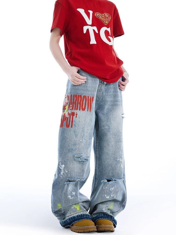 Japanese Brand Street retro men's loose-fitting washed printed ripped jeans Size US 32 / EU 48 - 4 Thumbnail