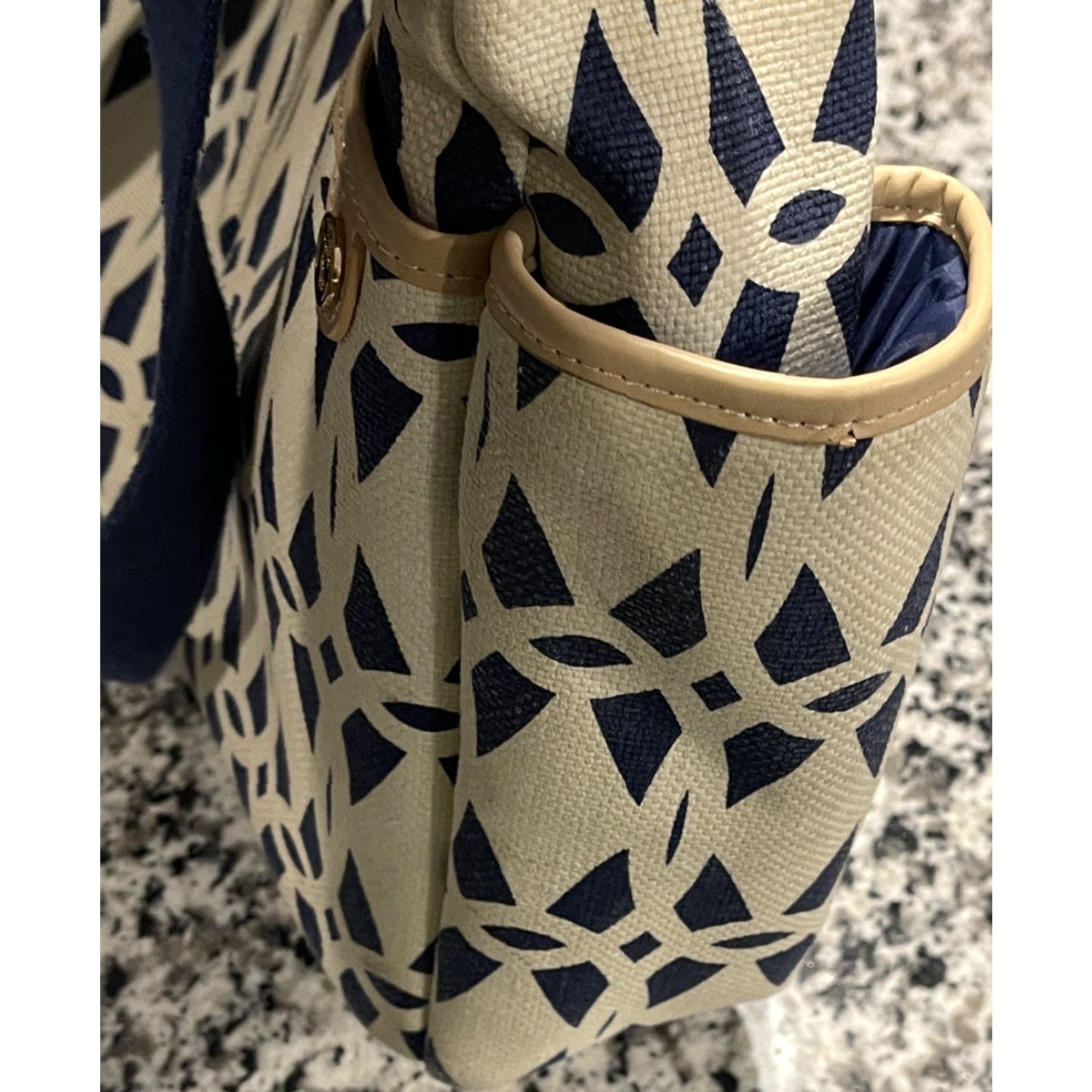 Vintage SPARTINA 449 Daufuskie Island Tybrisa Colypso Diaper Bag, Natural Linen/Leather Handbag Blue/White Exterior Lined Women Size ONE SIZE - 5 Thumbnail