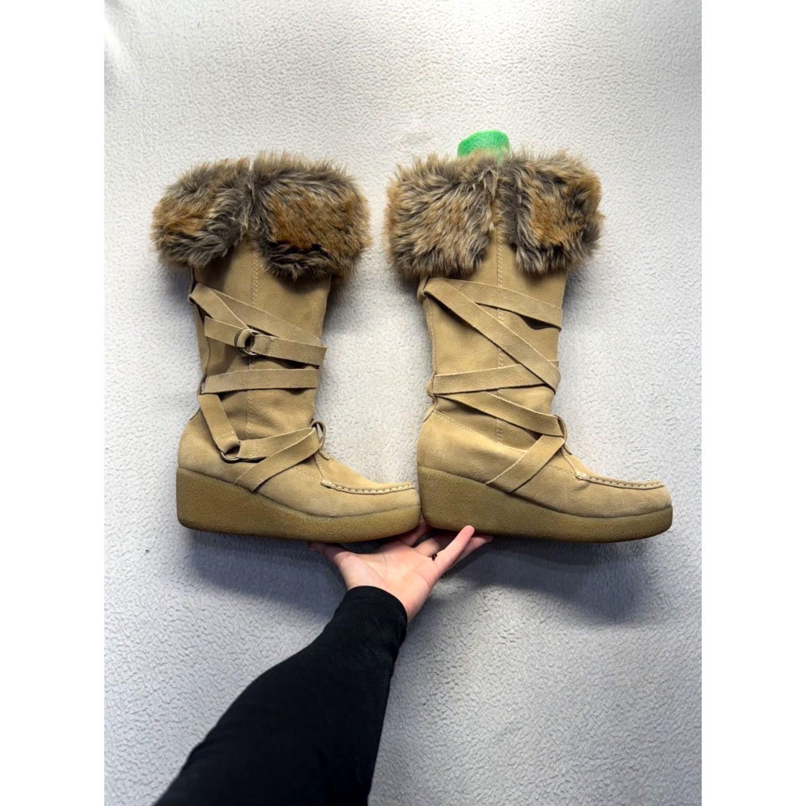 Vintage Report Tan Faux Fur-Trimmed Knee-High Wedge Boots #136B Womens 8 Bootie Tan Faux Fur Trim Knee-High Wedge Boots Report 136B Size US 8 / IT 38 - 6 Thumbnail