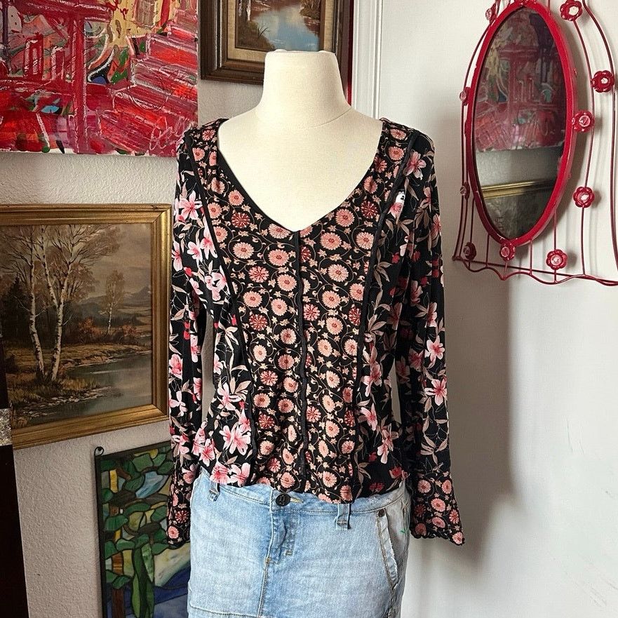 Other apostrophe pink black floral long sleeve top Size L / US 10 / IT 46 - 1 Thumbnail