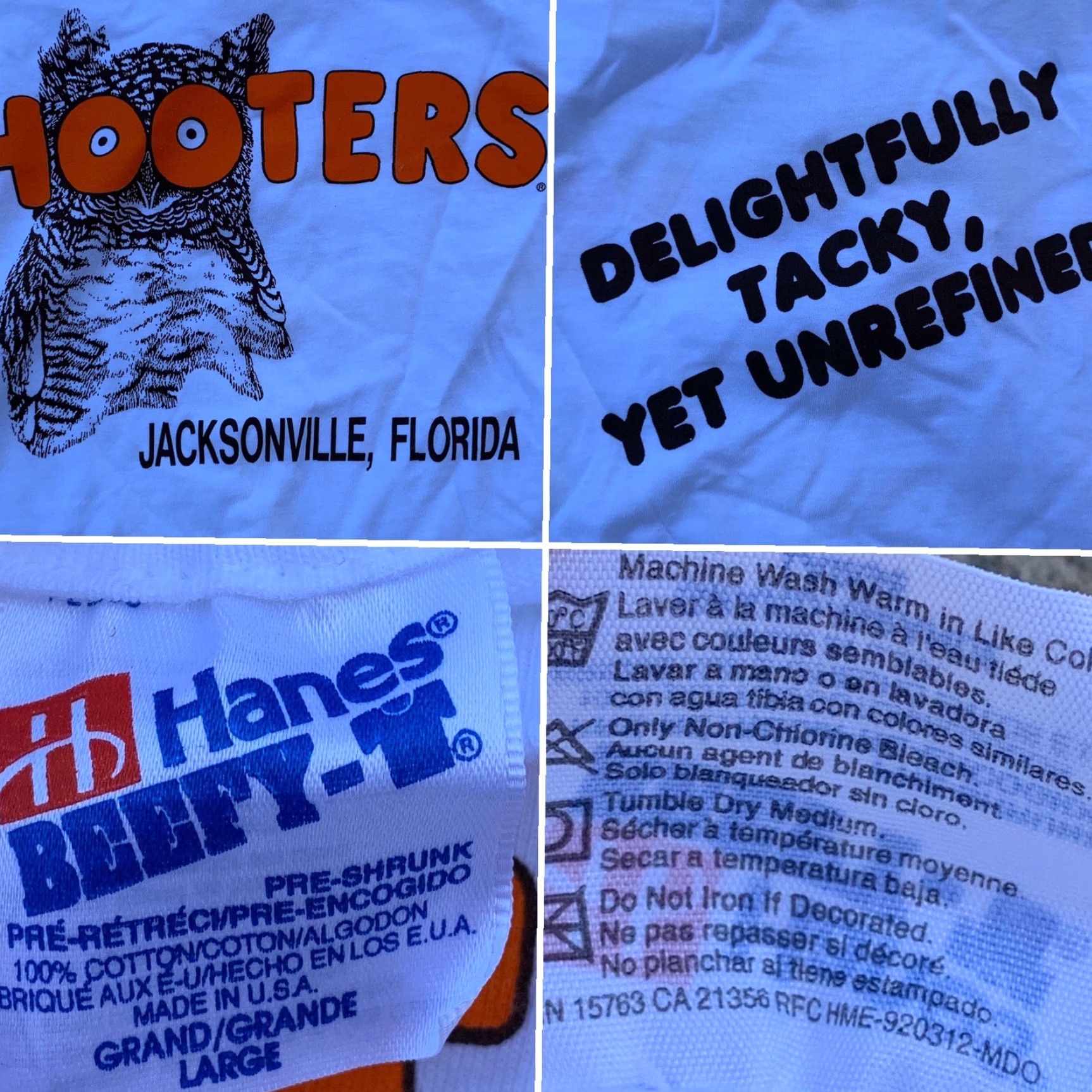 Hanes Vintage HOOTERS Jacksonville Florida T Shirt Delightfully Tacky Yet Unrefined L Mens White 1990s Graphic Tee Size US L / EU 52-54 / 3 - 6 Thumbnail