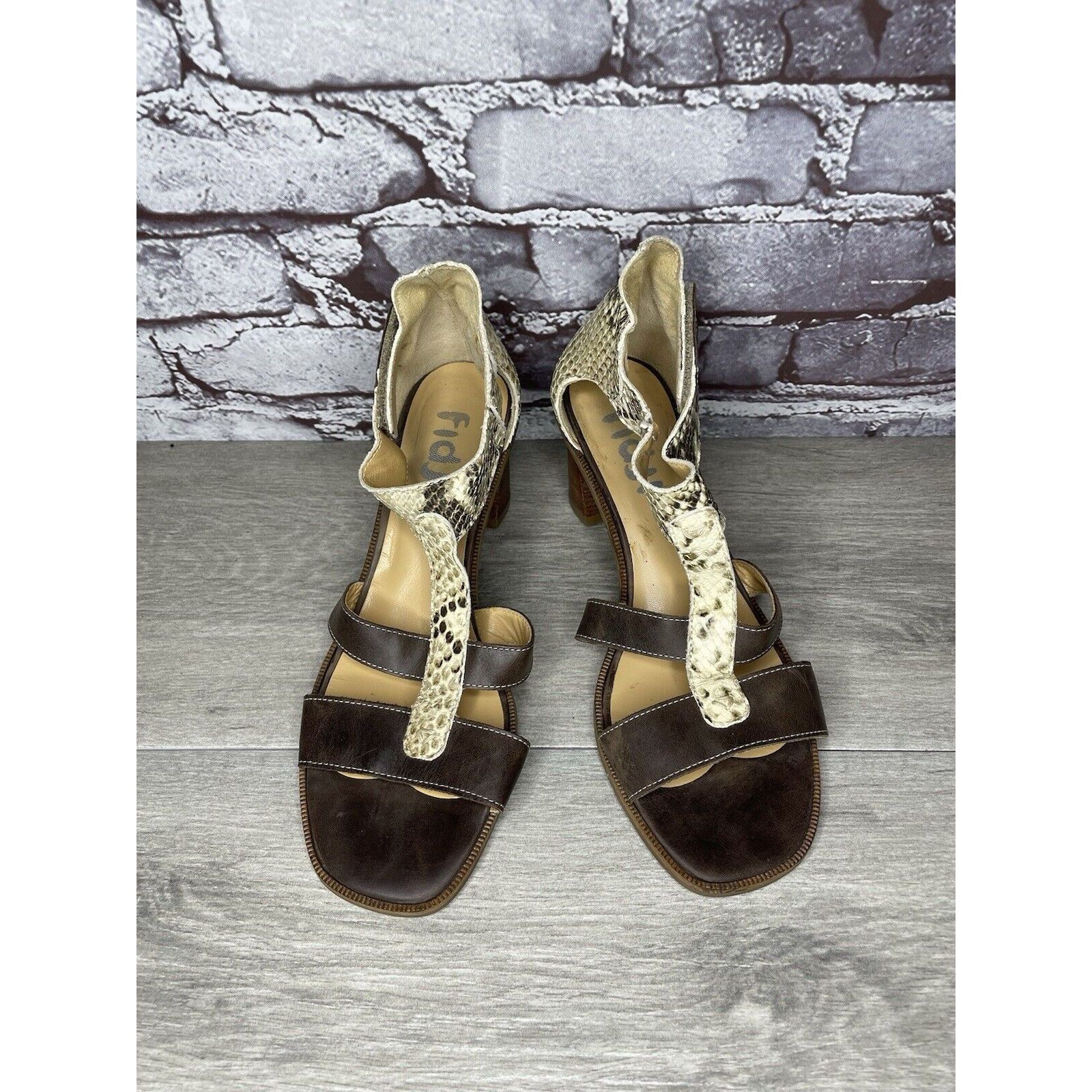 Fiji Fidji Ivory Leather Snake Skin Anke Strap Print Brown Heel S Size US 8 / IT 38 - 12 Thumbnail