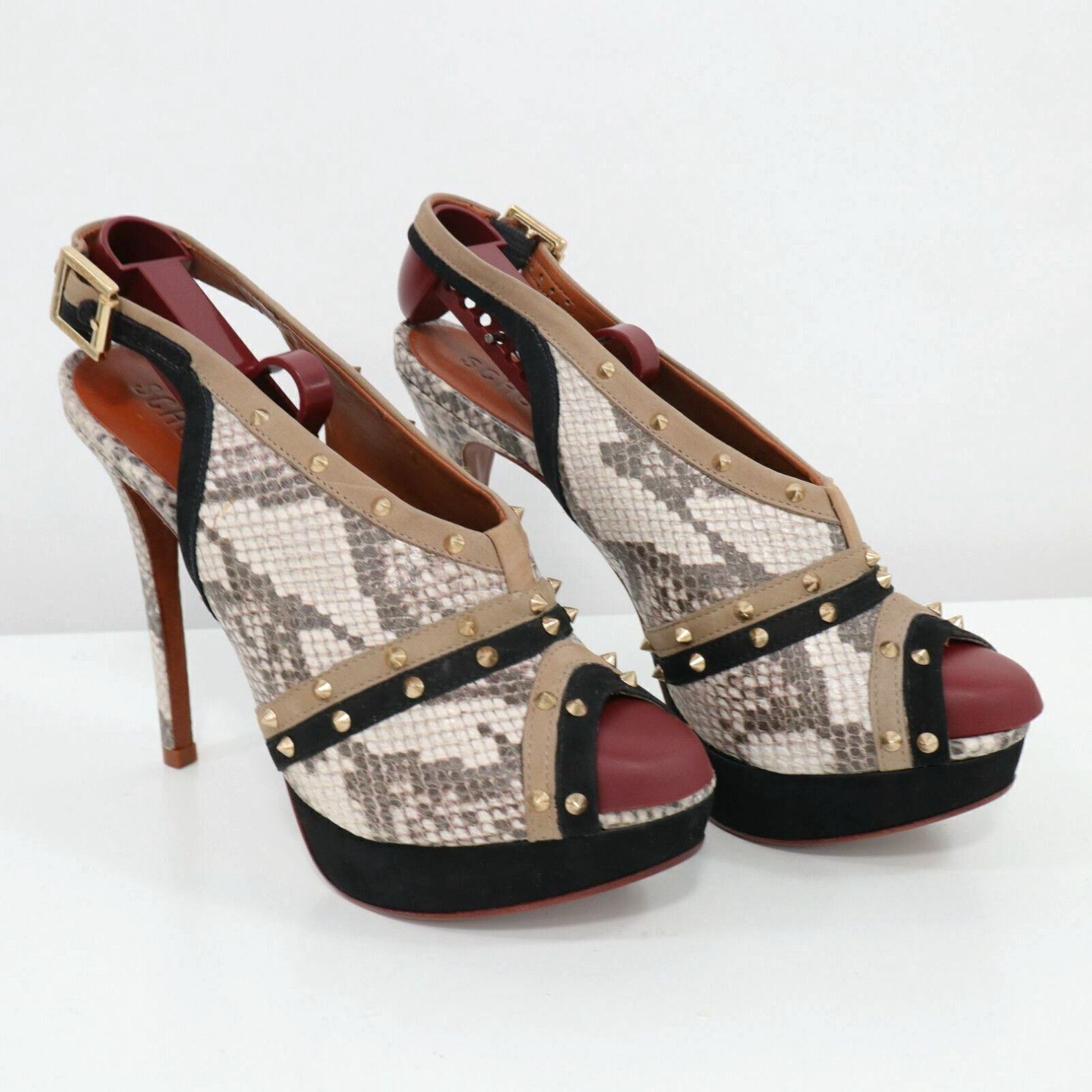 image of Schutz Sandals High Heel Shoes Platform Womens 9B 40 Snake Studded Beige Slingback in White