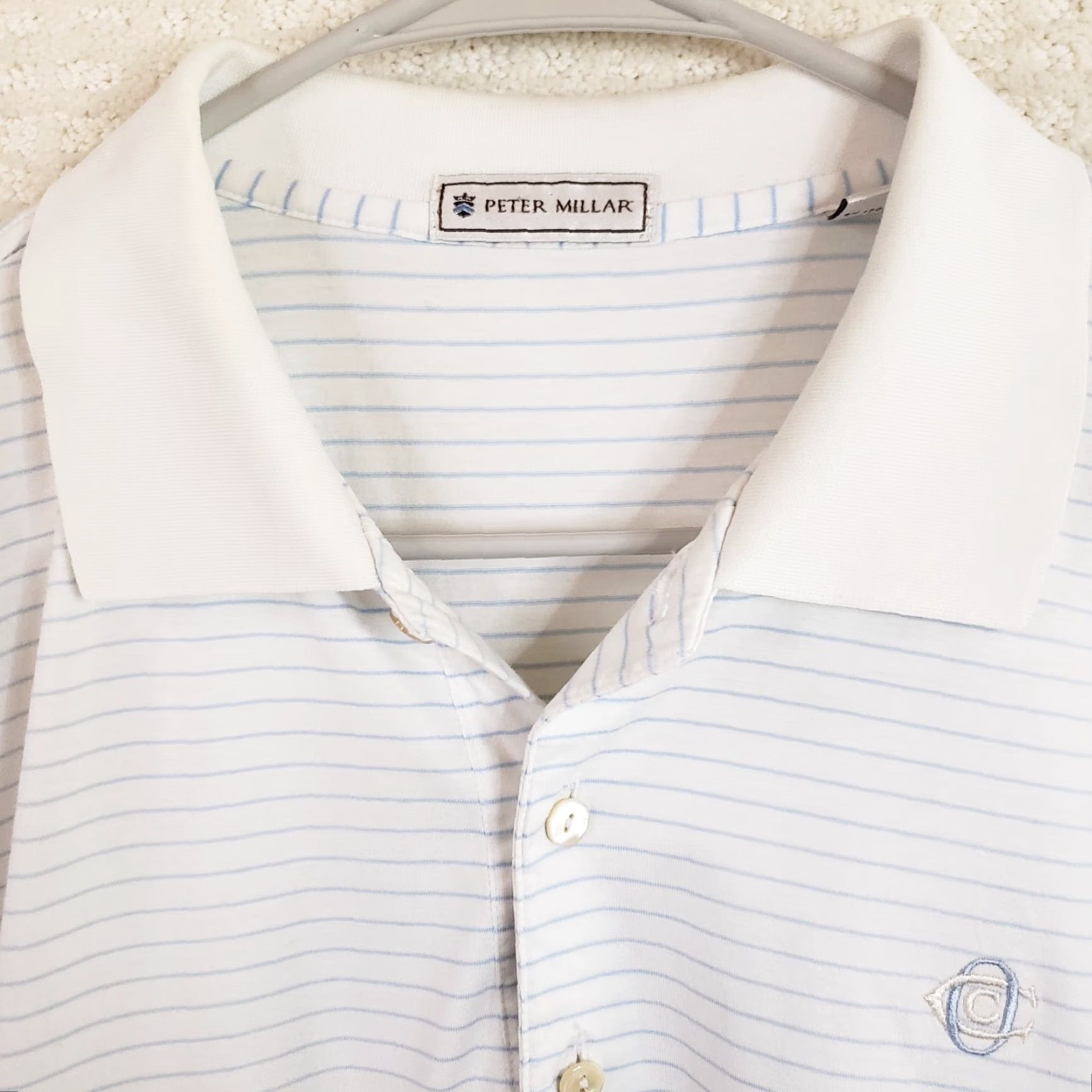 Peter Millar Peter Millar Shirt Mens Large White Blue Striped Golf Polo Cotton OCC Logo Shirt Size US L / EU 52-54 / 3 - 4 Thumbnail