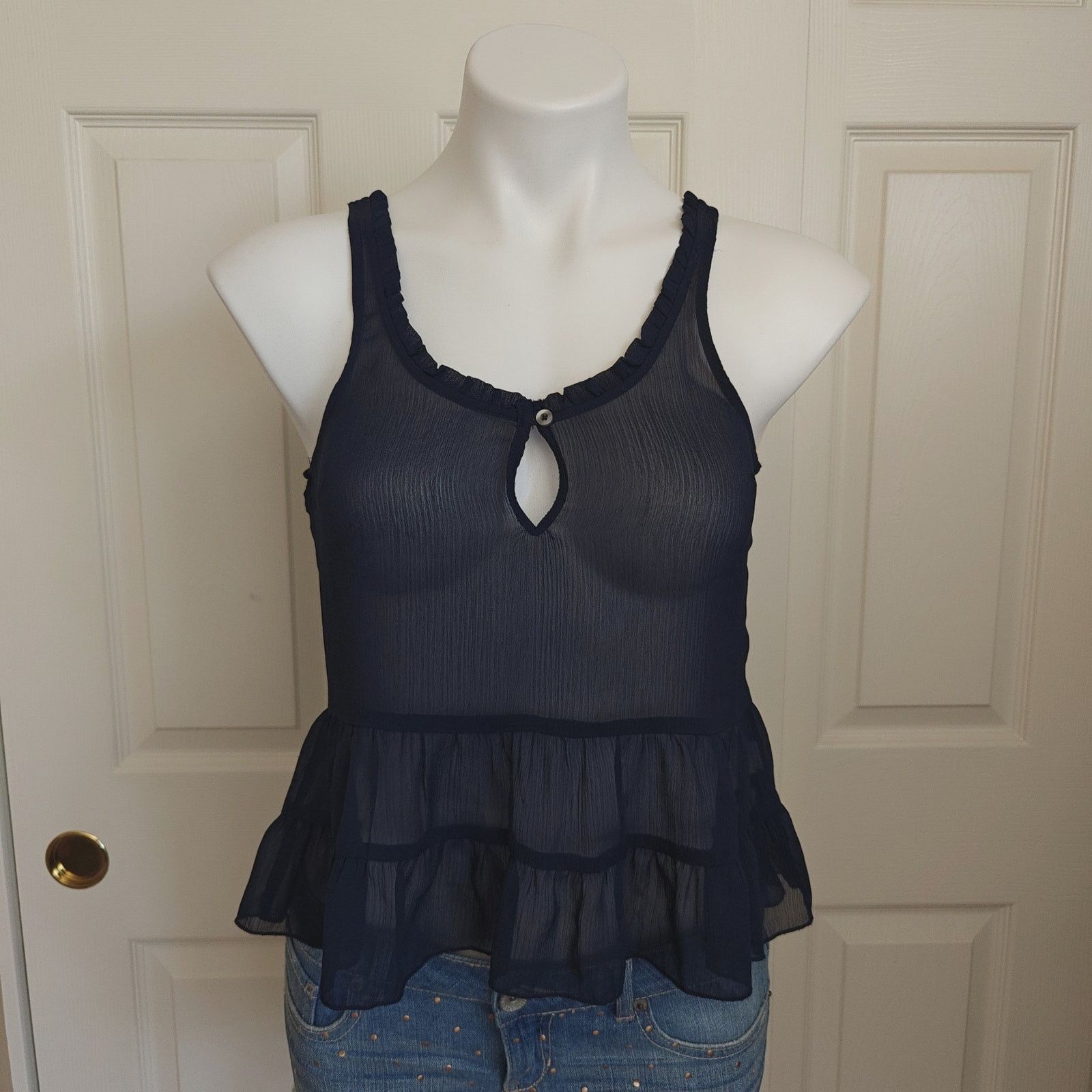 Abercrombie & Fitch Abercrombie & Fitch Sheer Peplum Navy Tank Top sz XS Size XS / US 0-2 / IT 36-38 - 1 Thumbnail