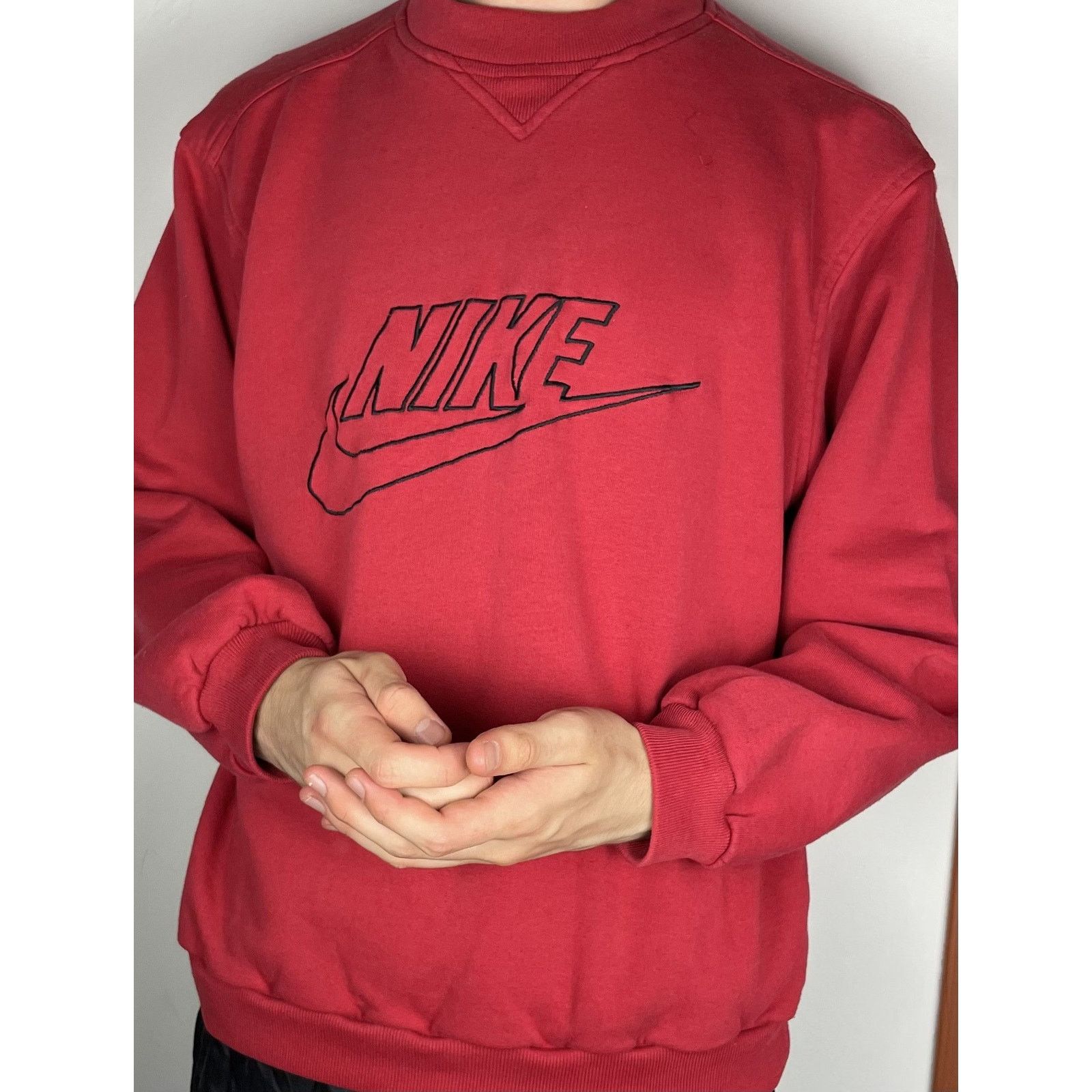 Nike × Vintage Nike Men's Red Cotton Swoosh Crew Neck Pullover Sweatshirt Size US M / EU 48-50 / 2 - 2 Thumbnail