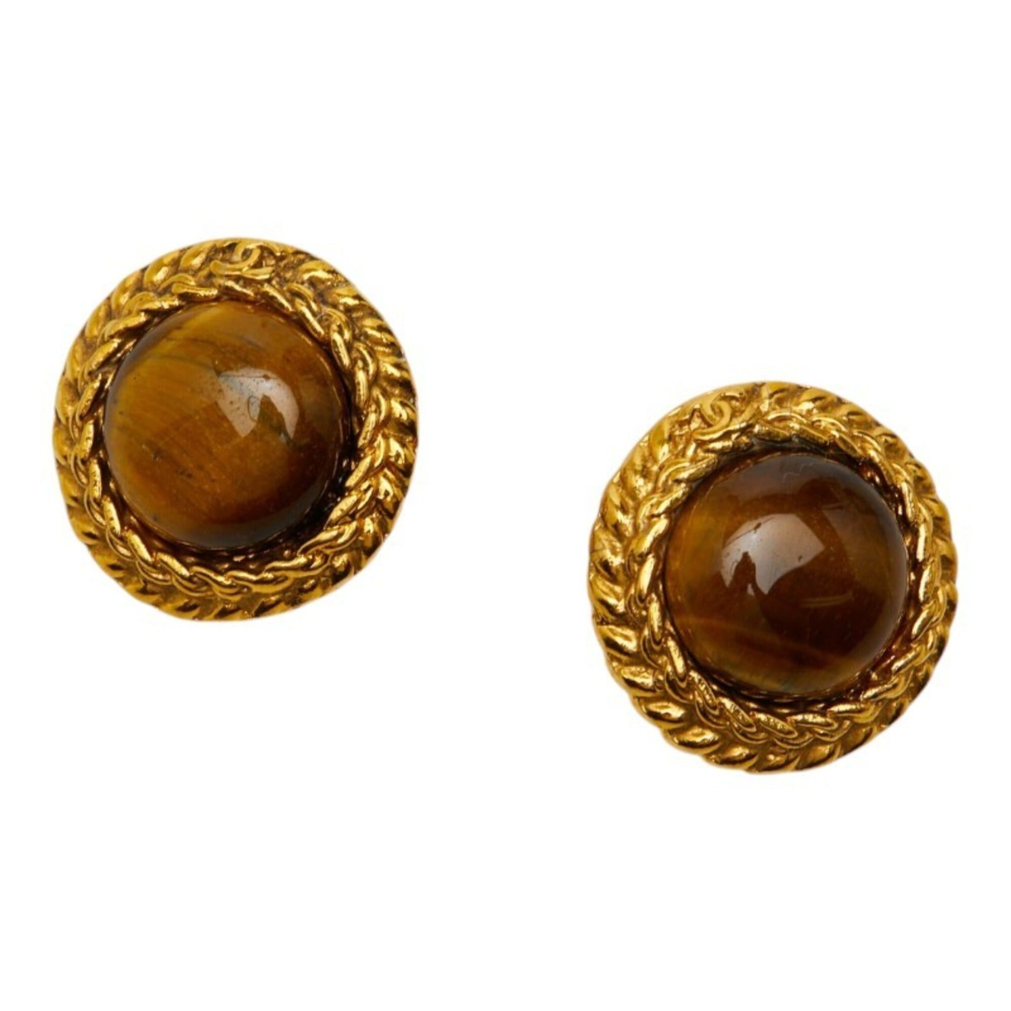 Chanel Chanel Coco Mark Round Earrings, Gold Brown Plated, Tiger Eye, Women's. Size ONE SIZE - 1 Thumbnail