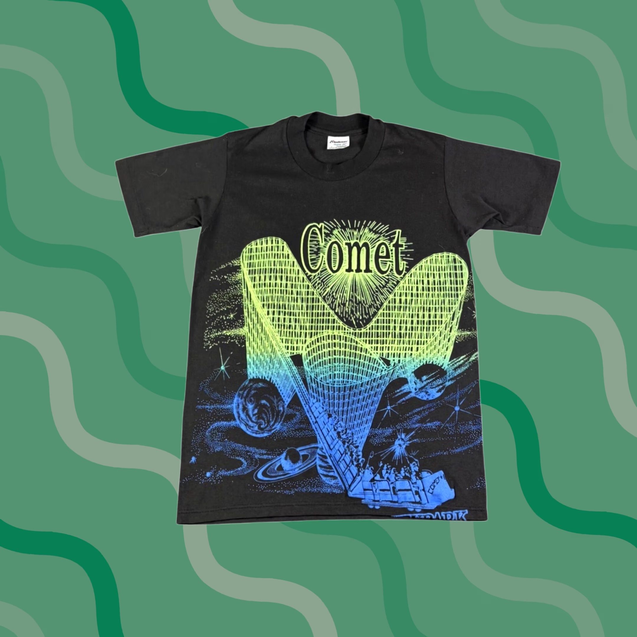 Vintage VINTAGE Stedman Super 50 Comet Roller Coaster T-Shirt Black Small Neon Graphic Shirt Unisex 1980s Graphics Size US S / EU 44-46 / 1 - 1 Thumbnail
