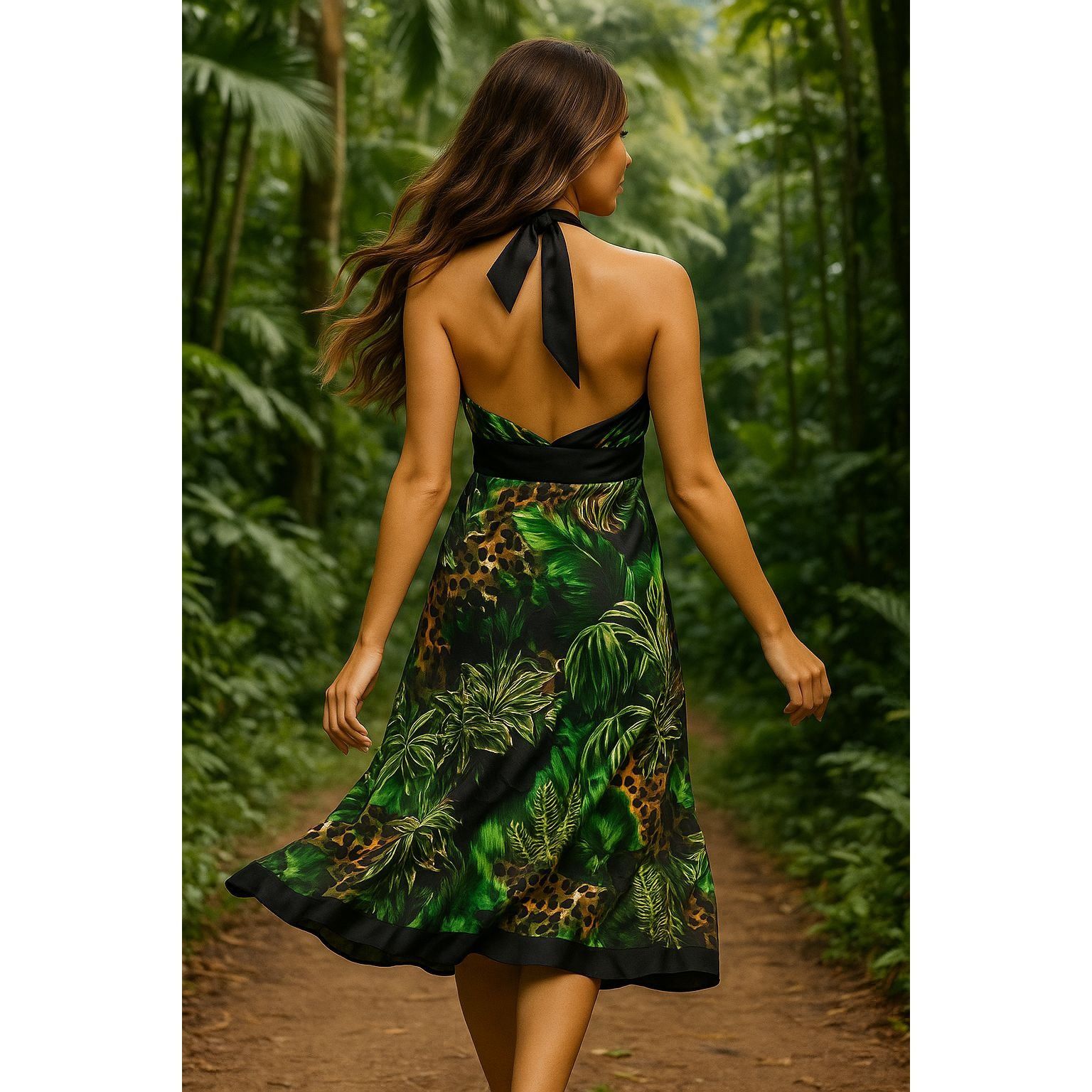 Other Cache Size Medium Green Jungle Print Silk Halter Dress Tropi Size M / US 6-8 / IT 42-44 - 4 Thumbnail