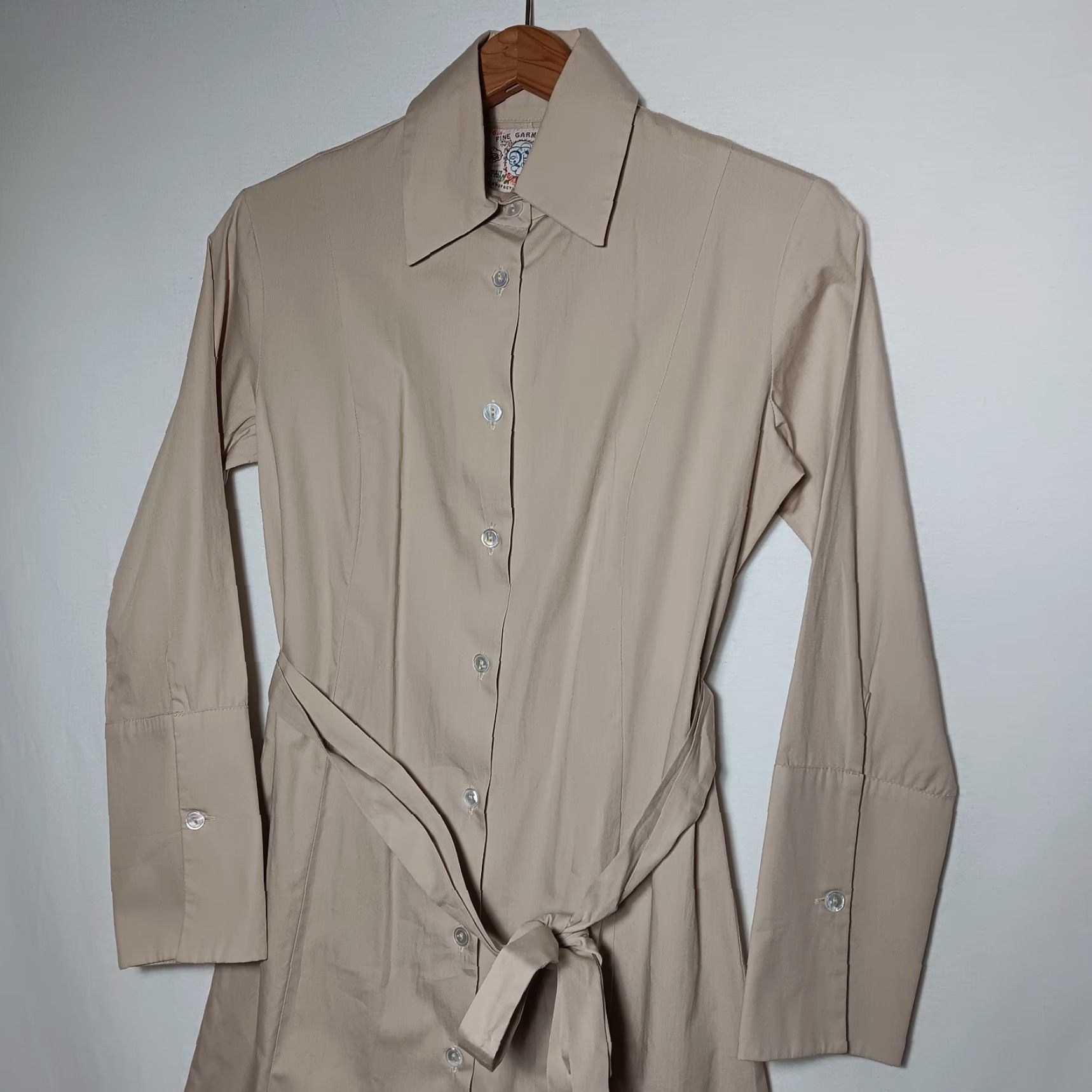 Bell Fine Garments by Bell Shirt Dress Casual Beige 0 Long Sleeve Button Belt Academic Minimalist Womens Dress Size XS / US 0-2 / IT 36-38 - 3 Thumbnail