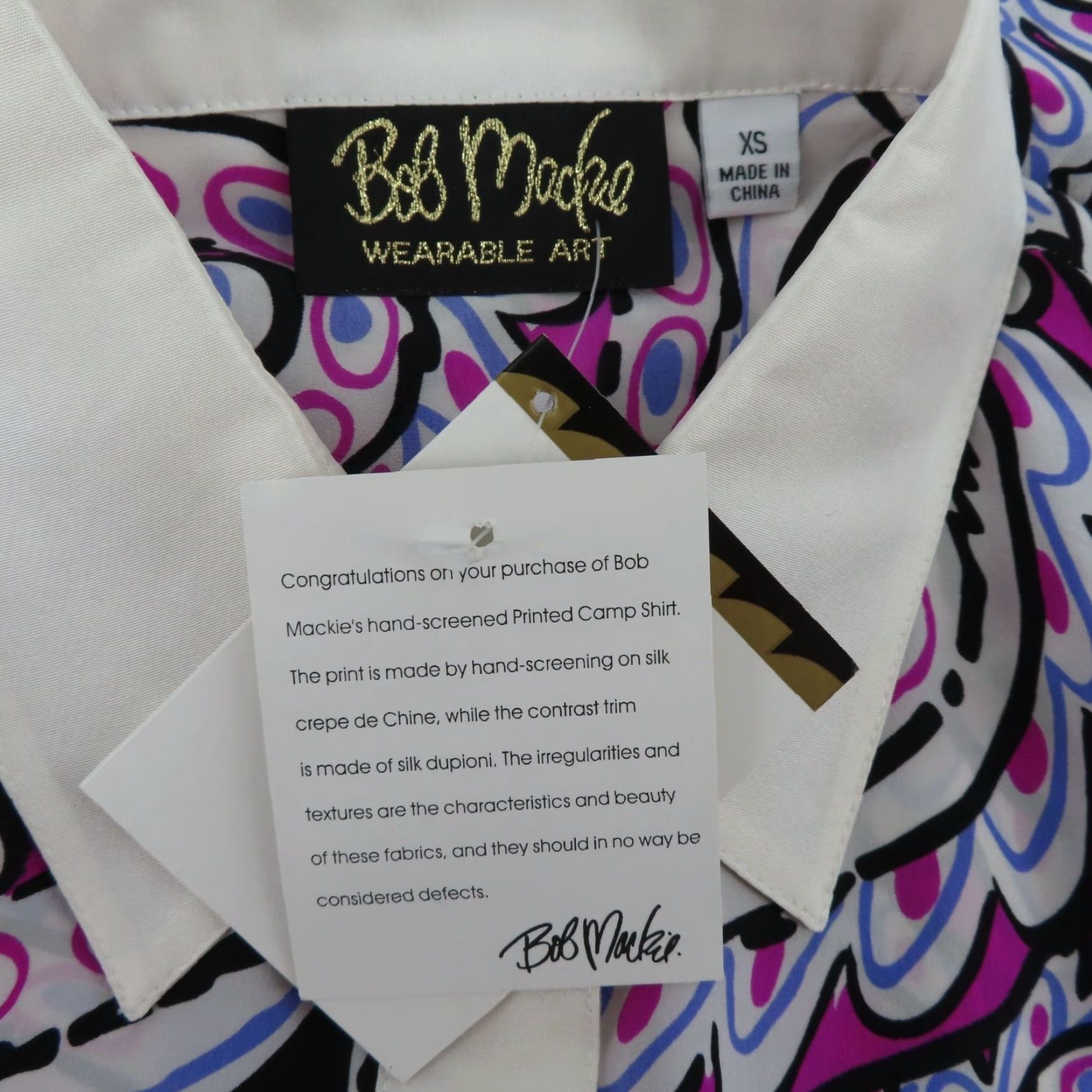 VINTAGE Bob Mackie Womens XS Purple Black White Paisley Scroll Collar Shirt All Silk NEW