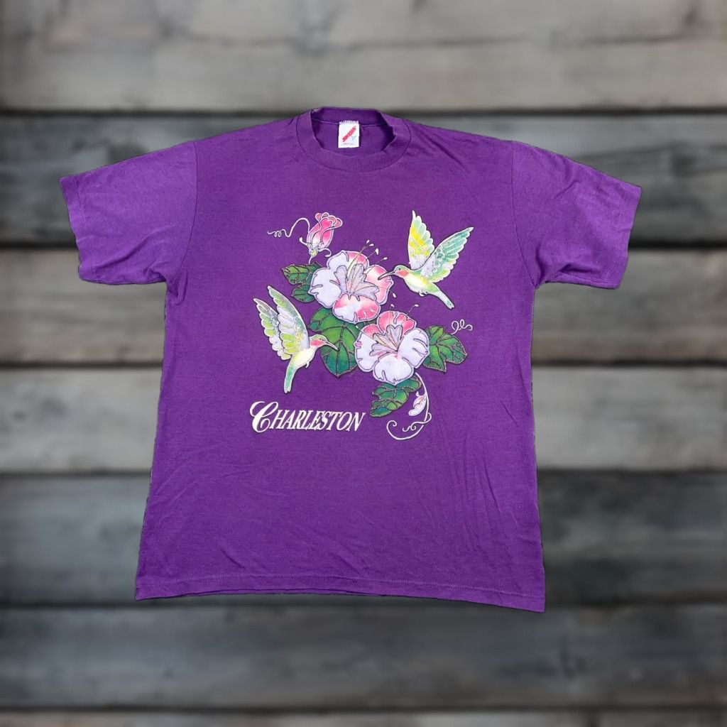 Jerzees VINTAGE Jerzees Charleston South Carolina Graphic Tee Adult Large Purple Flower Bird 90s T-Shirt Mens 50/50 Cotton Blend Size US L / EU 52-54 / 3 - 1 Thumbnail