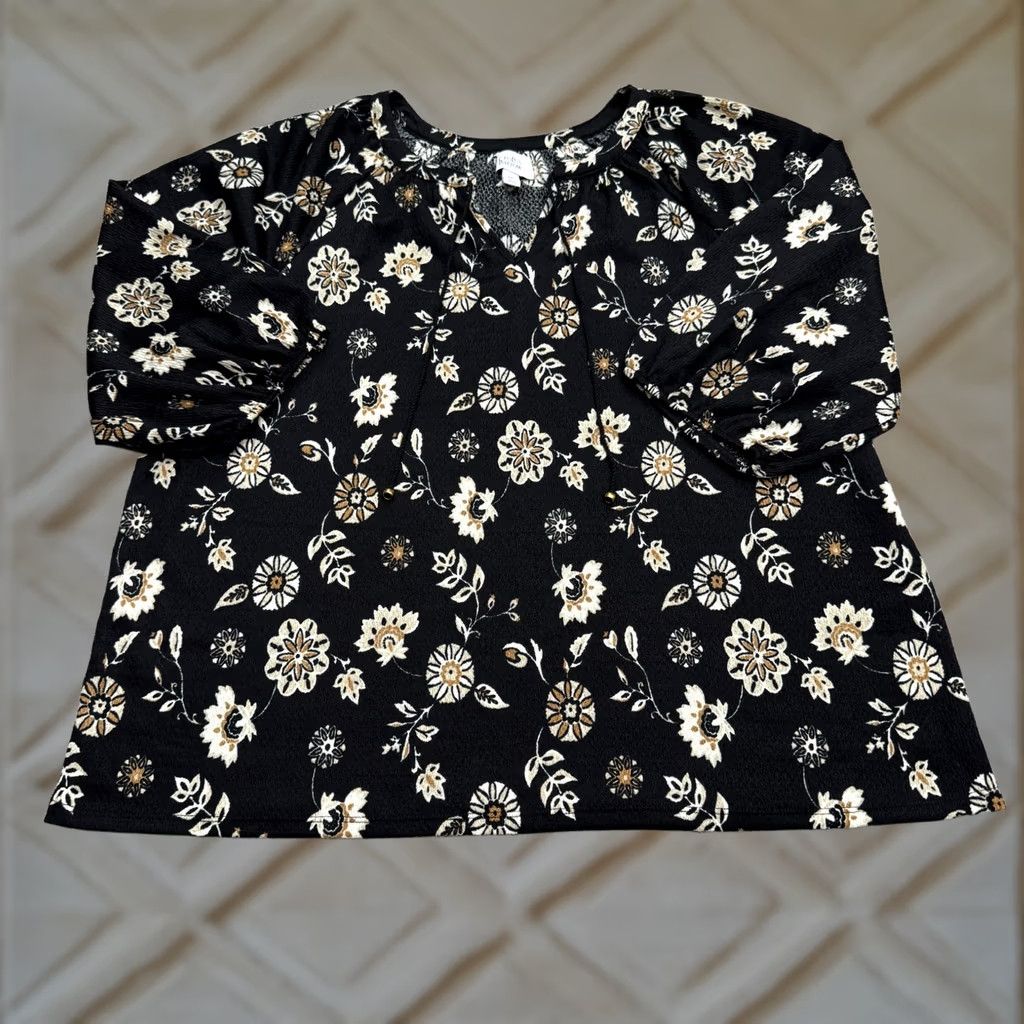 Vintage Croft & Barrow Blouse 3/4 Puff Sleeve V-Neck Womens XXL Black Floral Boho Casual Shirt Size XXL / US 16-18 / IT 52-54 - 1 Thumbnail