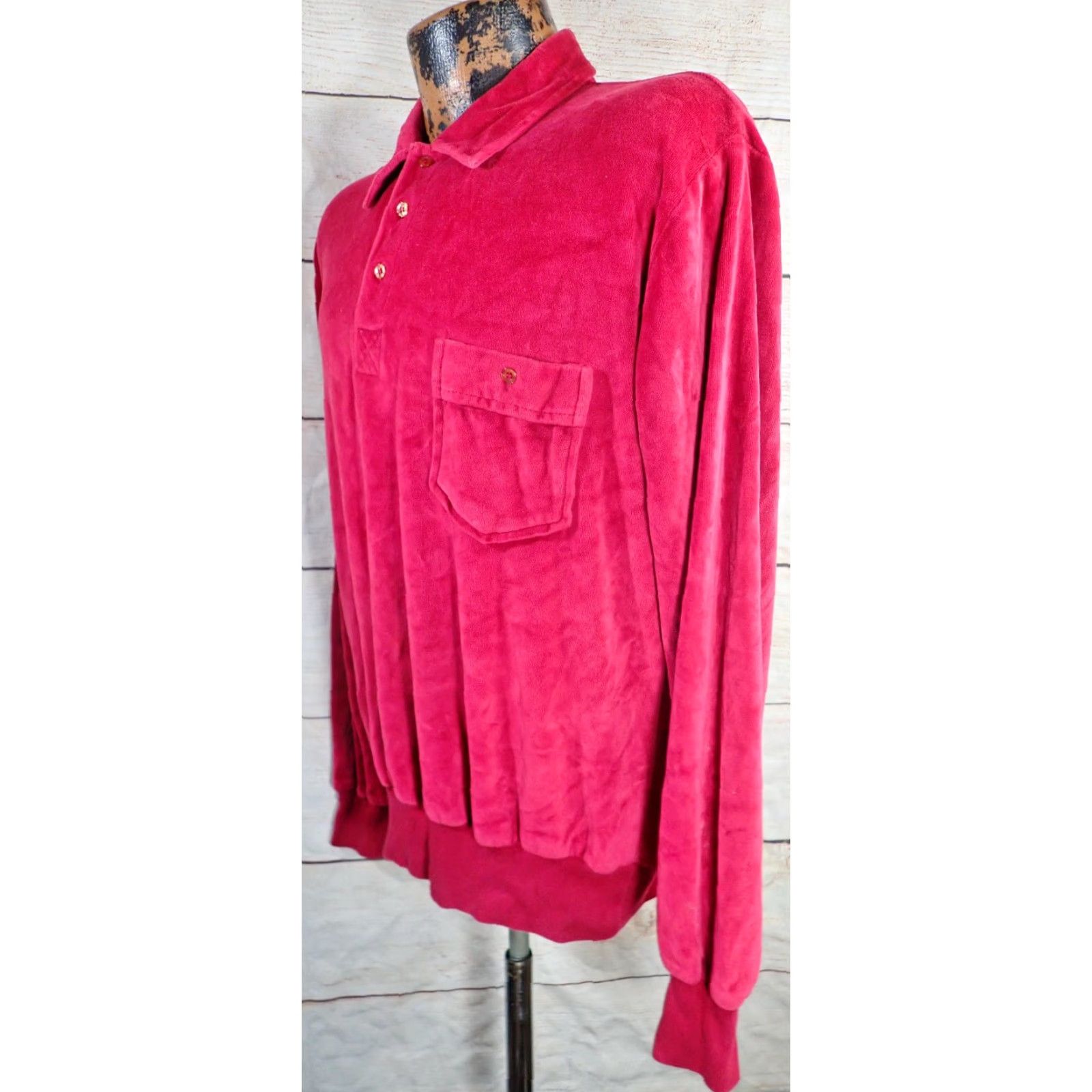 JCPenney VINTAGE JC Penney Polo Shirt Mens L Red Velour Long Sleeve Pocket Popover Shirt Burgundy RED 70s 60s Preppy Retro Rockabilly Vintage Mens L Size US L / EU 52-54 / 3 - 4 Thumbnail