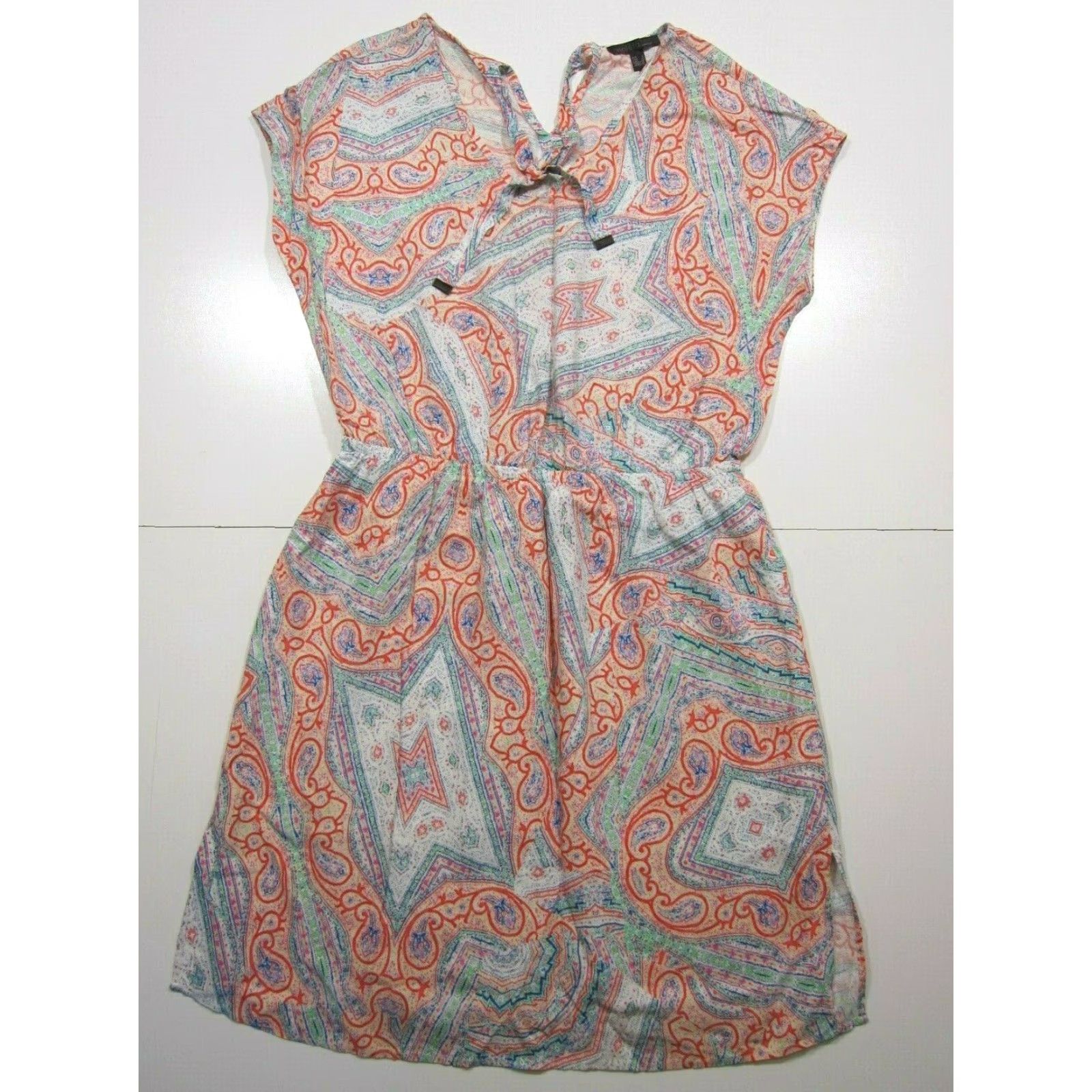 Vintage Violeta Mango 100% Rayon Red Green Paisley Tunic Sheath Shift Sun Dress Women 10 Size L / US 10 / IT 46 - 2 Thumbnail