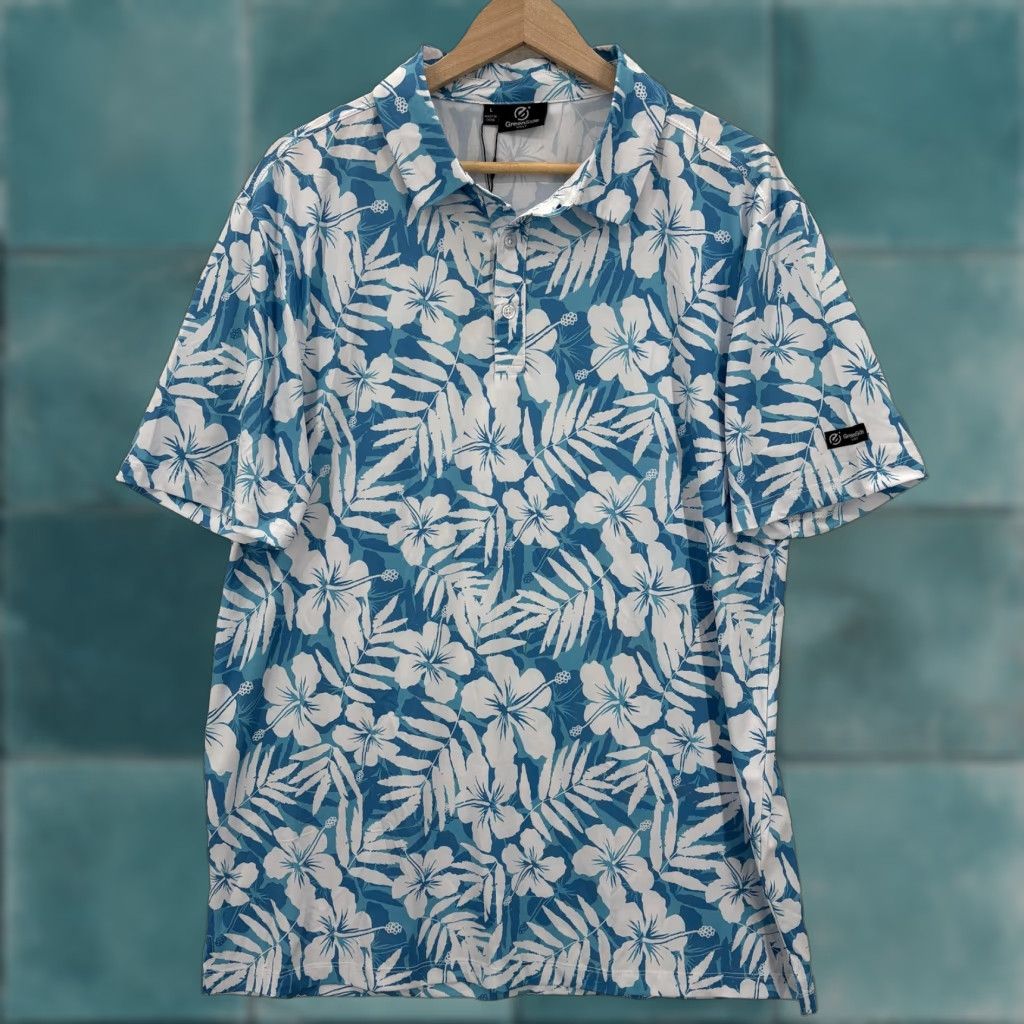 Vintage GreenSide Golf Polo Shirt Mens Large Blue Hibiscus Floral Stretch Performance Shirt Size US L / EU 52-54 / 3 - 1 Thumbnail