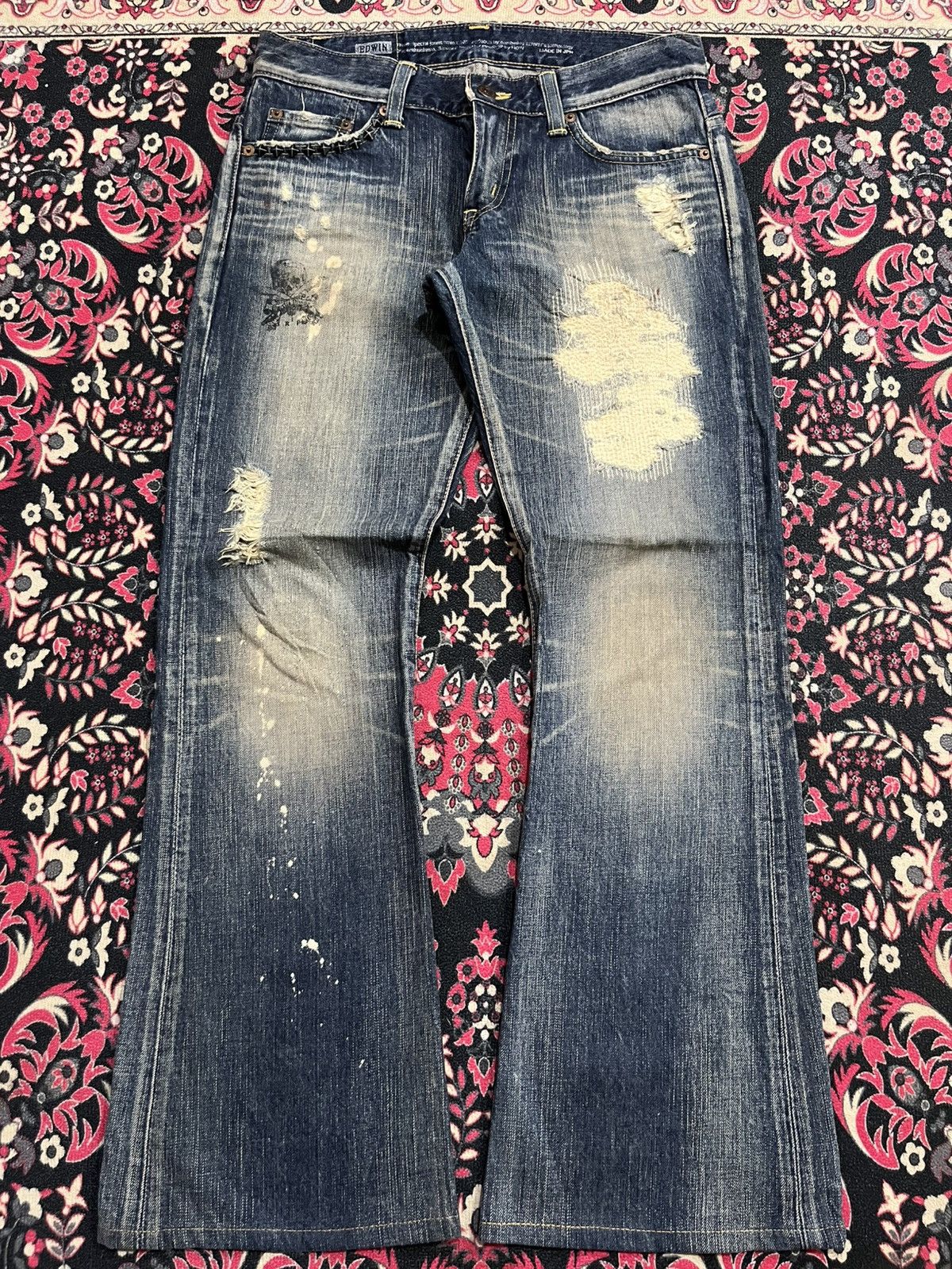 If Six Was Nine Edwin 503 Sashiko Pocket Studded Skull Painting Flare Jeans Size 28" / US 6 / IT 42 - 1 Thumbnail