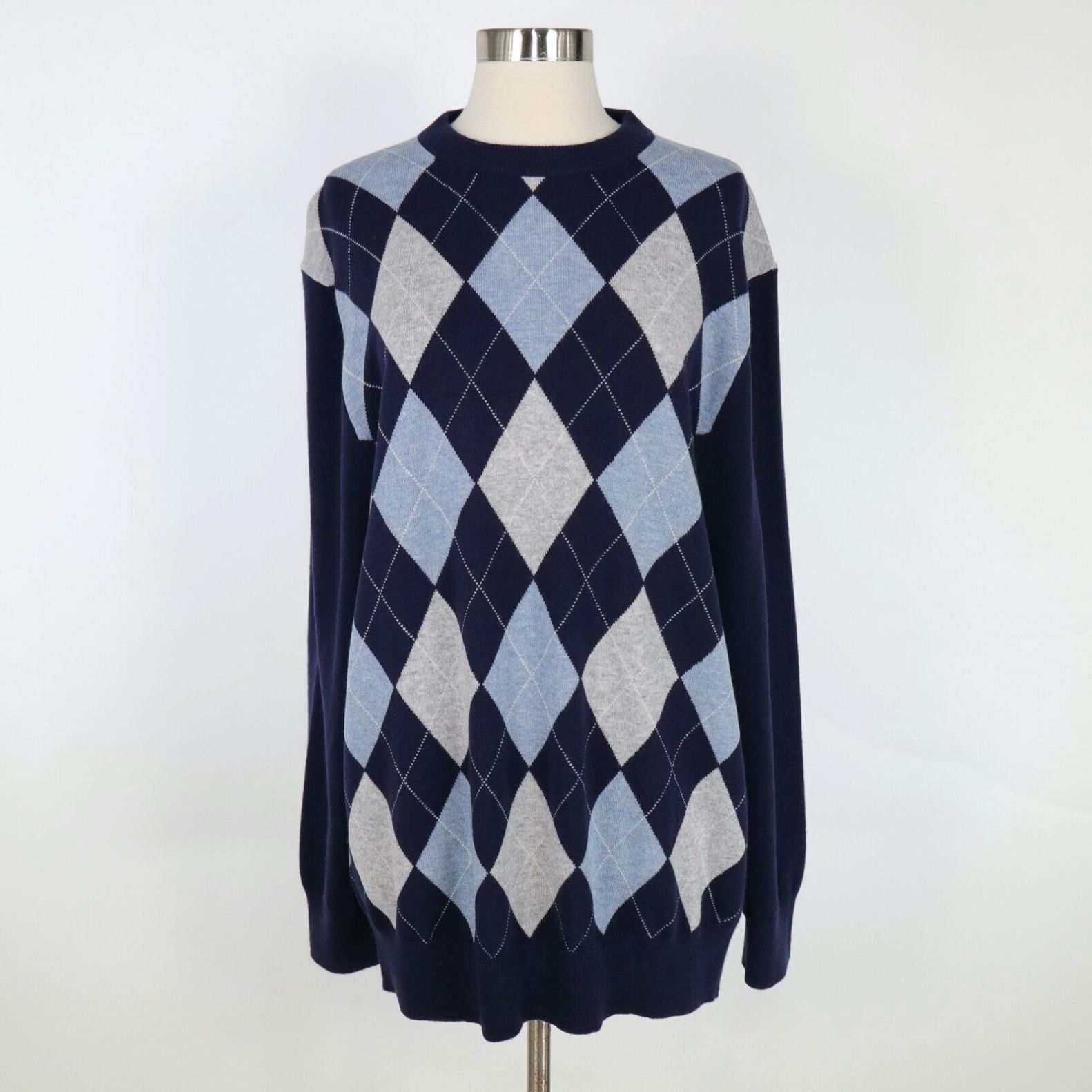 image of Michael Kors Collection Cashmere Sweater Pullover Os One Size Argyle Blue Gray in White, Women's