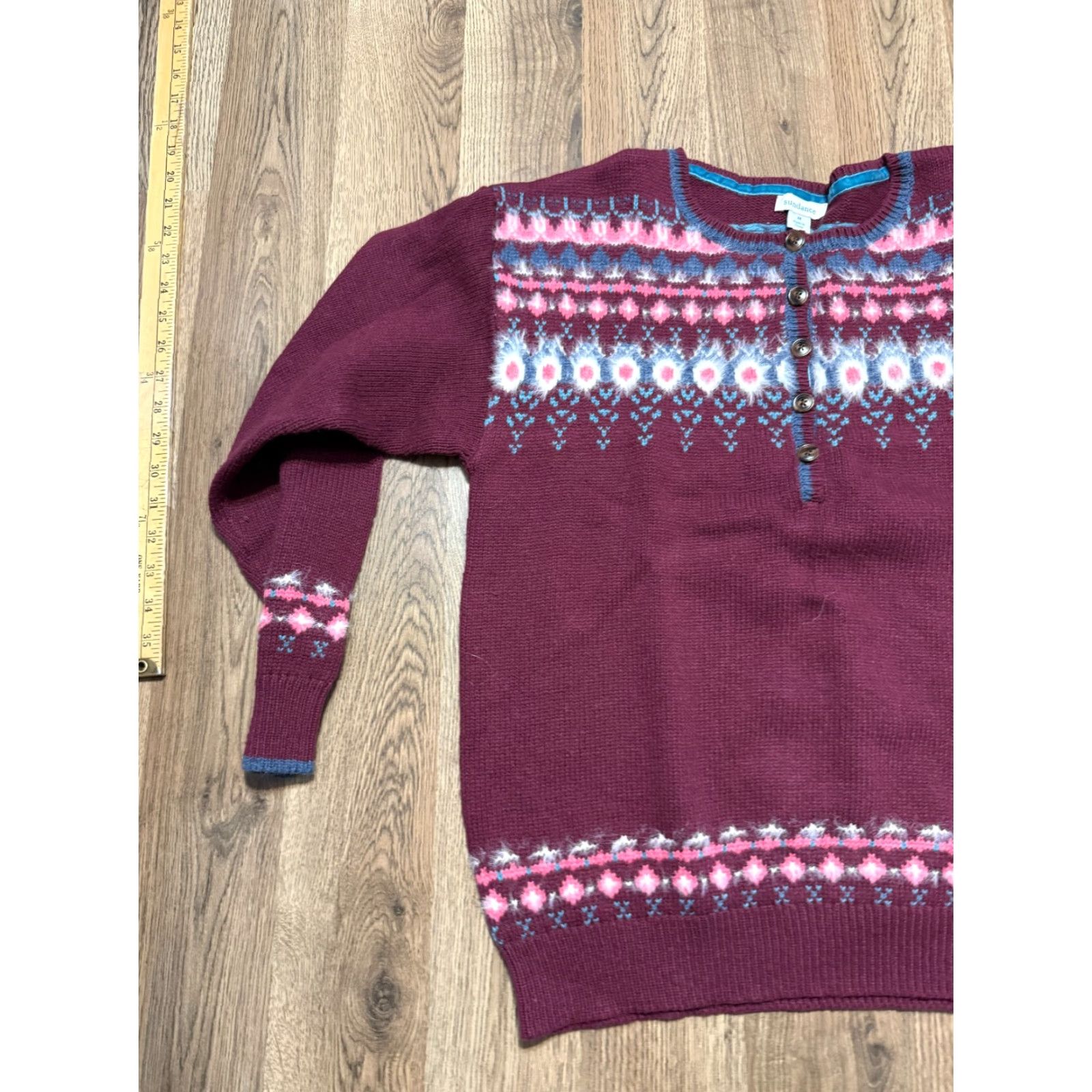 Vintage Sundance Sweater Women's Medium Red Blue White Fair Isle 1/4 Buttons Pullover Knit Long Sleeve Size M / US 6-8 / IT 42-44 - 3 Thumbnail