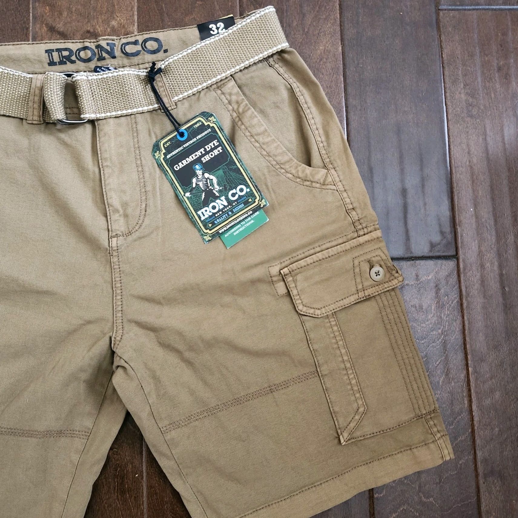 Vintage Iron Co. Cargo Shorts Men 32 Tan Belted Regular Cotton Spandex NWT Garment Dye Button Belted Classic Outdoor Summer Spring Fall Travel Workwear Brown Size US 32 / EU 48 - 4 Thumbnail