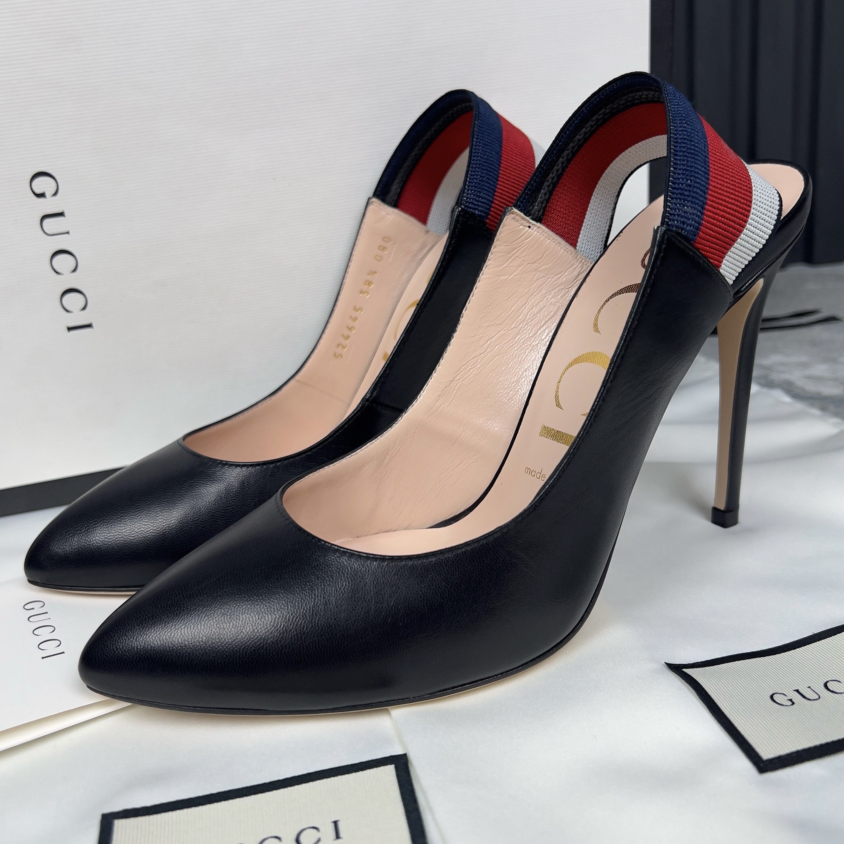 New Gucci Web Pumps Stripe High Heel Shoes Black Leather, Women's (Size 8.5)