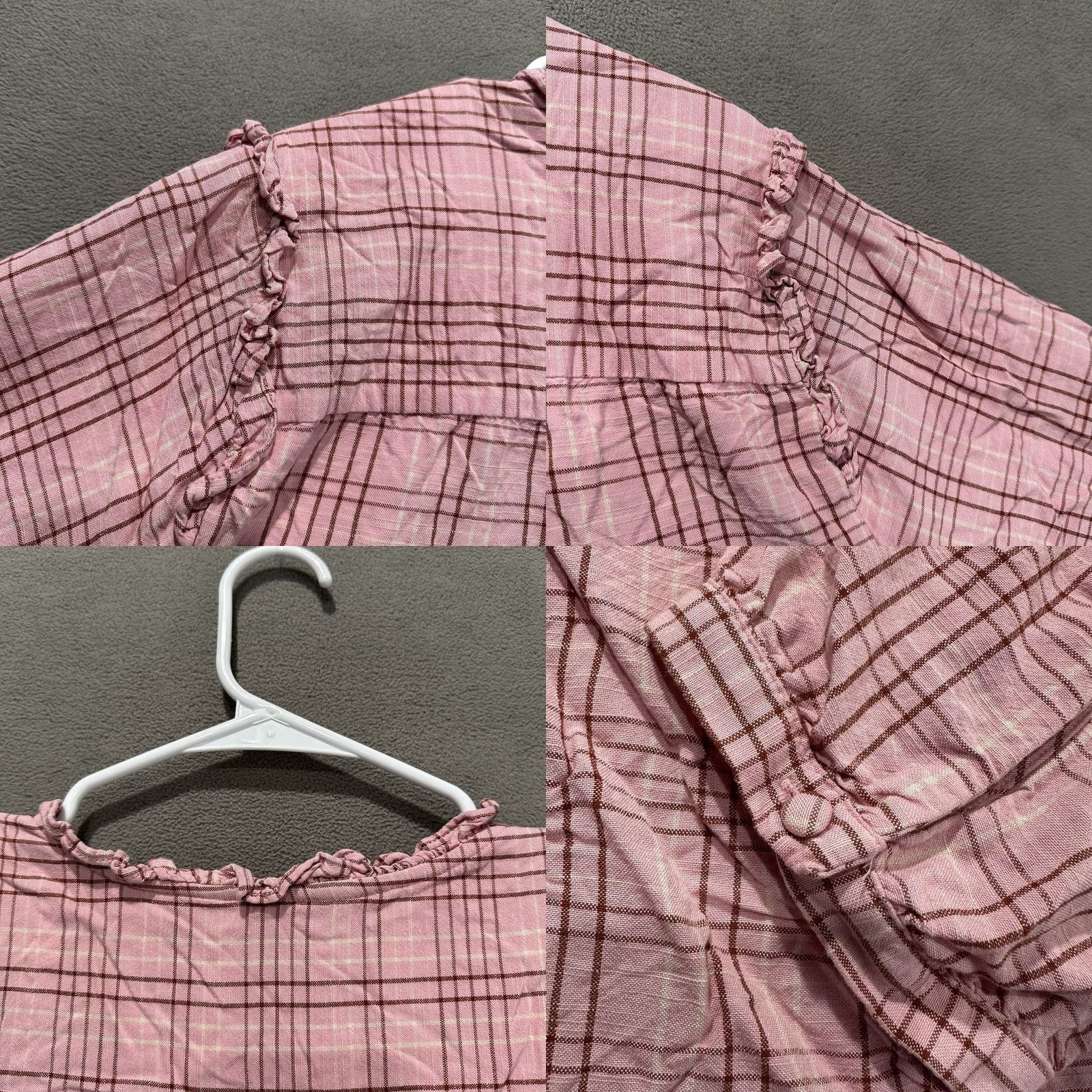 Vintage LC Lauren Conrad Blouse Womens 2X Pink Plaid Button Front Ruffle Balloon Sleeve Knit Cotton Blend Top Boy/Girls Women Size XXL / US 16-18 / IT 52-54 - 8 Thumbnail