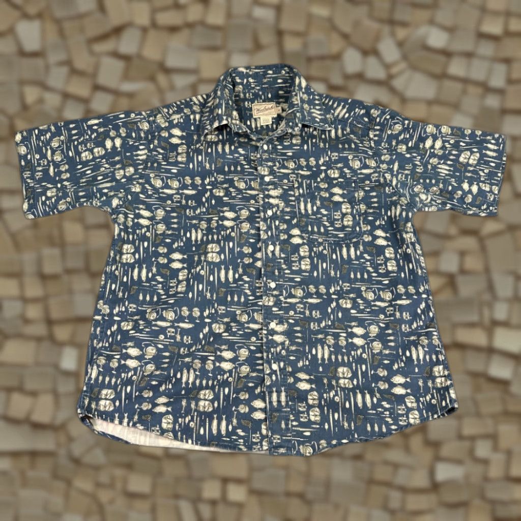 Vintage VINTAGE Woolrich Shirt Adult XL Blue Fishing Tackle Reel Button-Up Short Sleeve Woolrich Mens Shirt XL Blue Fishing Tackle Reel Pattern Size US XL / EU 56 / 4 - 1 Thumbnail