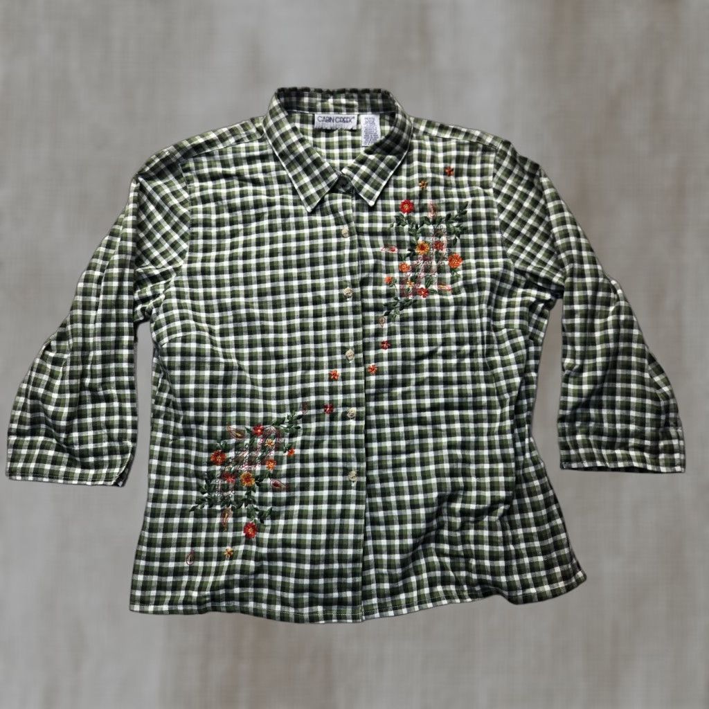 Olive Cabin Creek Shirt Blouse Button Up Green Olive Checkered Embroidery Adult PL Size L / US 10 / IT 46 - 1 Thumbnail