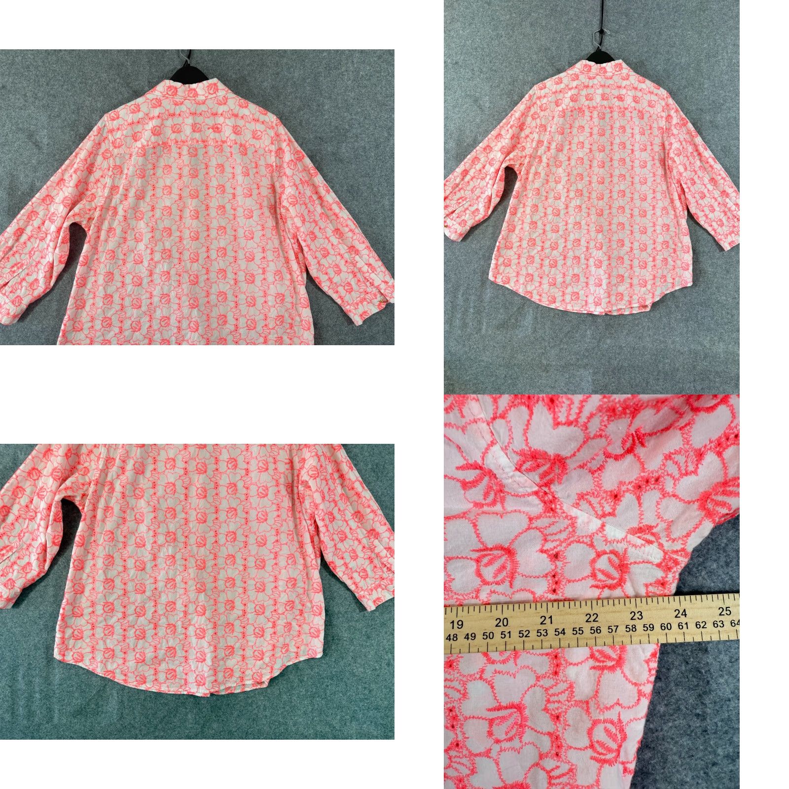 Lands' End Lands' End Shirt Top Womens 18W Hot Pink Floral Embroidered Boho 3/4 Sleeve Collared Shirt Size XXL / US 16-18 / IT 52-54 - 8 Thumbnail