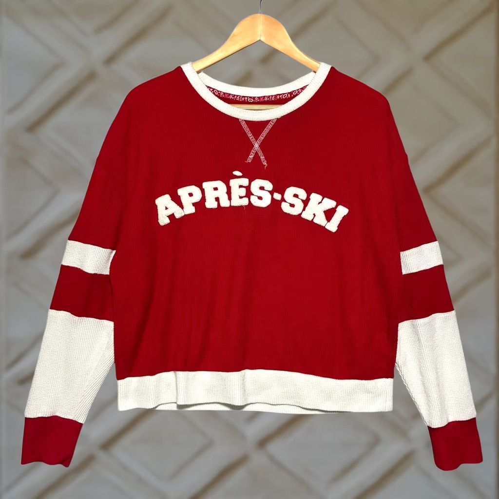 Vintage Apres Ski Thermal Sweatshirt Red White Waffle Knit Varsity Stripe Women's Large Size L / US 10 / IT 46 - 1 Thumbnail