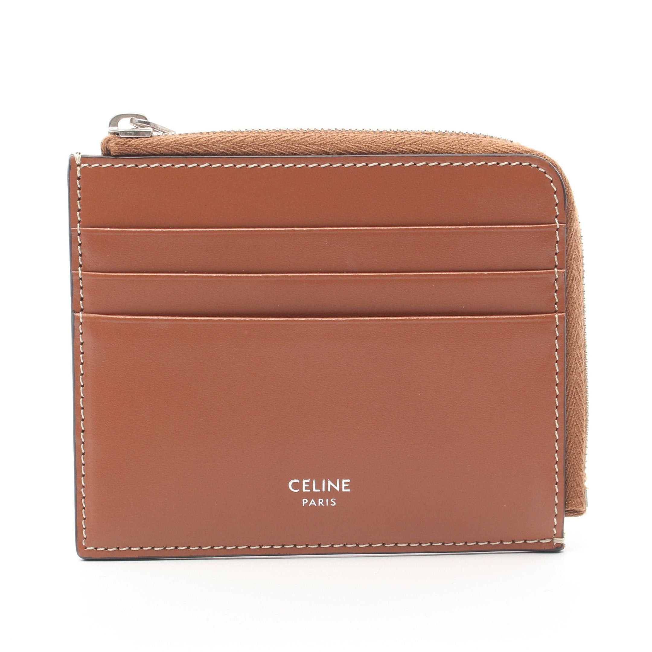 Celine Triomphe Zipped Card Holder Coin Purse Leather Dark Brown Light in Black, Women's