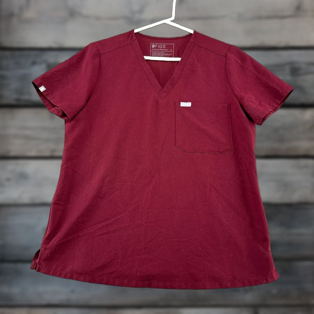 Vintage Figs Shirt Womens M Red Scrub Top V Neck Short Sleeve Pocket Solid Polyester Size M / US 6-8 / IT 42-44 - 1 Thumbnail