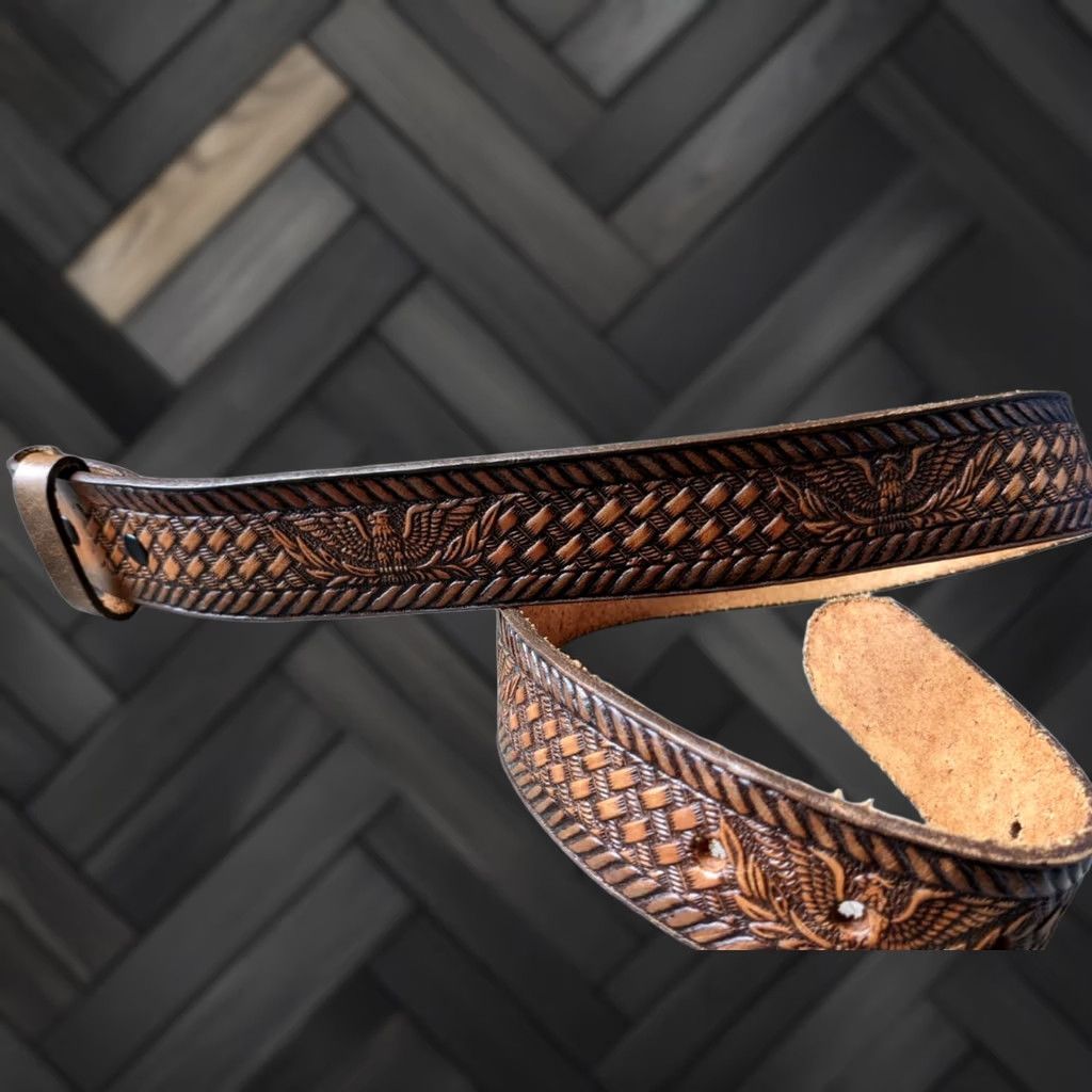 Vintage VINTAGE Brushy Creek Western Belt 28 Brown Leather Tooled Eagle Buckle Men Size 28 - 1 Thumbnail