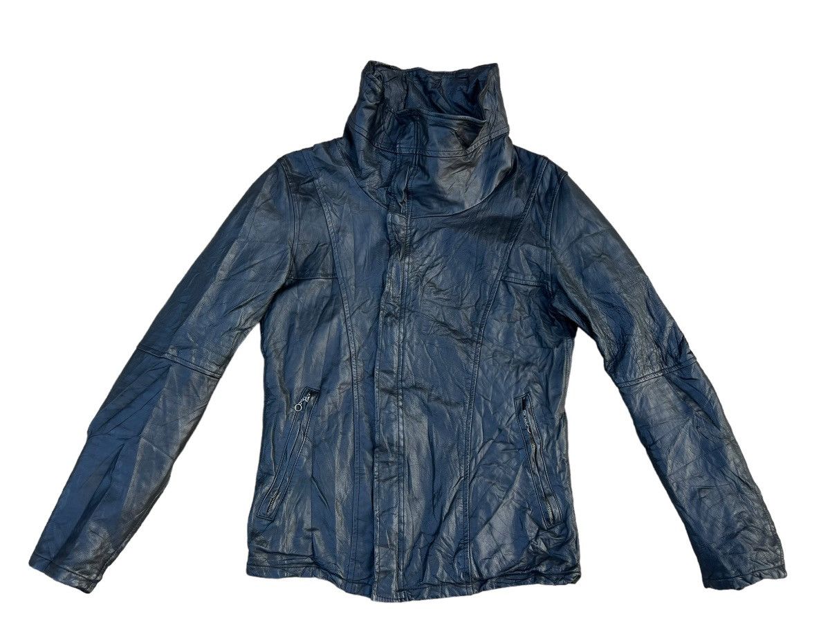 Do Less Japan Asymmetrical High Neck Cowhide Leather Jacket