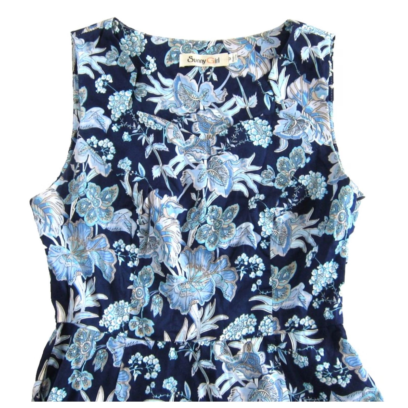 Vintage Sunny Girl Blue White Floral V-Neck Sleeveless Midi Dress Medium Sun Dress Size M / US 6-8 / IT 42-44 - 4 Thumbnail