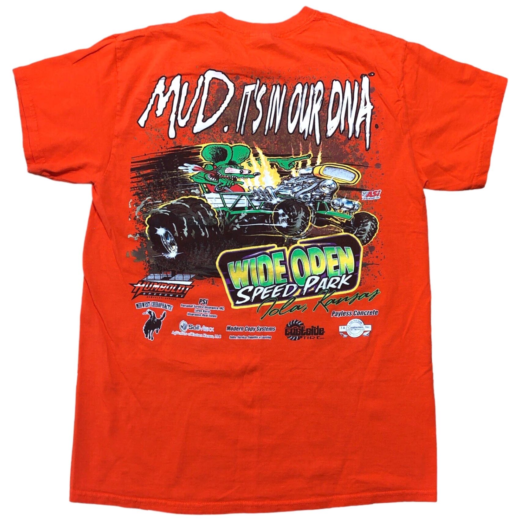 Gildan Rat Fink Mud Is In Our DNA Kansas Speedway Humboldt Racing Orange Double Sided T-Shirt M Mens Crew Neck Short Sleeve Cotton 90s Car Bike Race Size US M / EU 48-50 / 2 - 2 Thumbnail