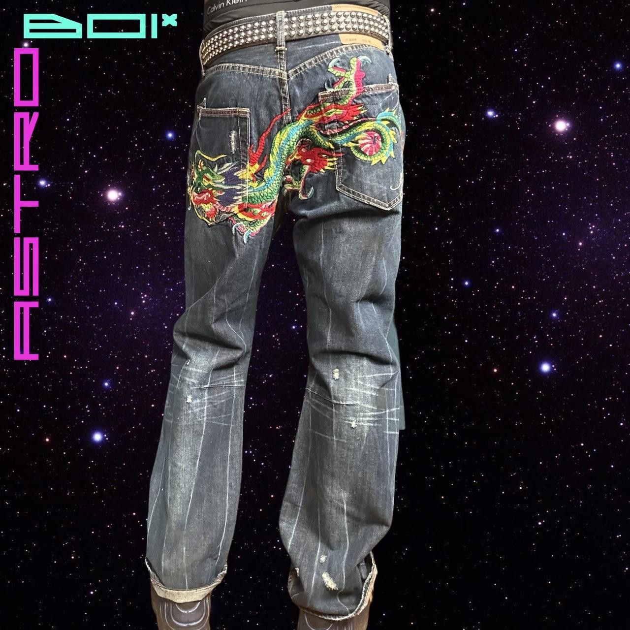 image of Y2K Ed Hardy Dragon Embroidered Blue Jeans _ 34X32", Men's